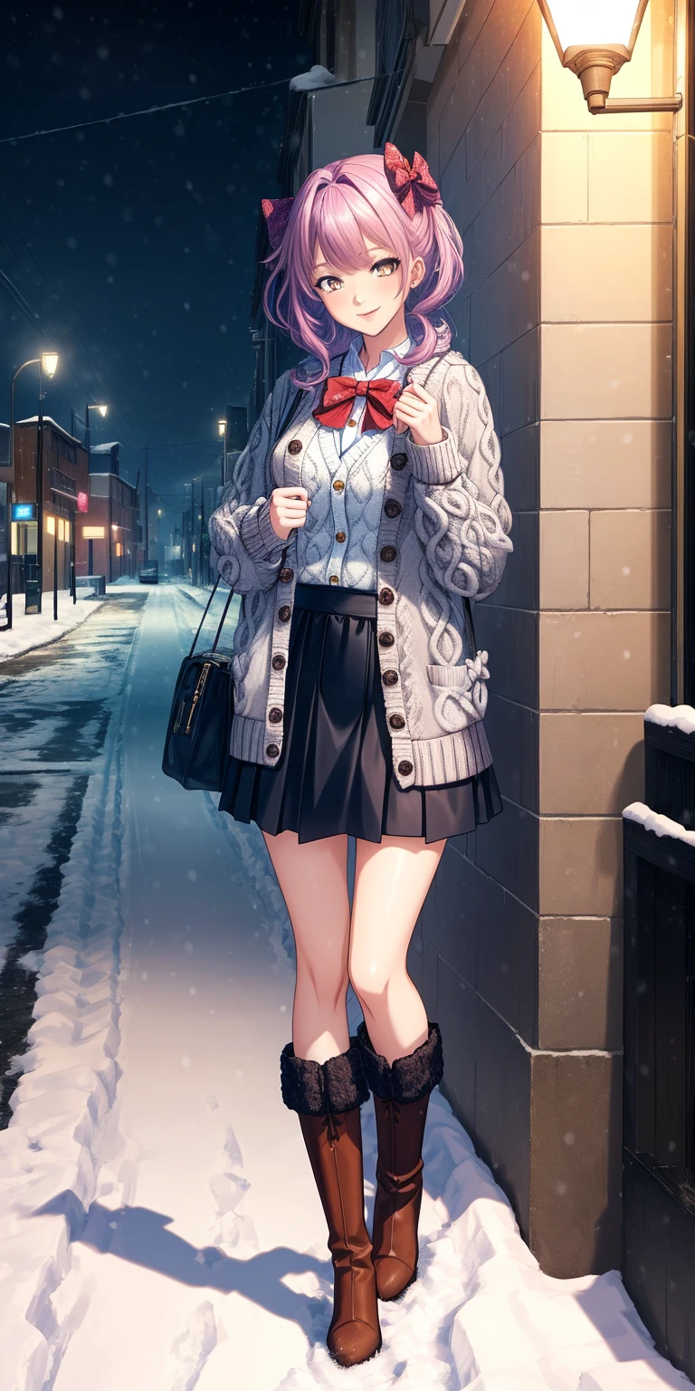 (masterpiece:1.2), best quality, highres, original, (extremely detailed:1.2), ultra-detailed, wallpaper, perfect lighting,(extremely detailed CG:1.2), 8k, anime illustration, 1girl, solo, smiling, (winter outfit:1.2), standing on the street, (knit cardigan:1.1), (bowknot on cardigan:1.25), knee-length skirt, (Ruffled hemline:1.3), winter boots, {delicate|detailed}clothes, (anatomically correct:1.34), close-up, full-body, looking at viewer, frontal, snowy street, (streetlight:1.17), city background, night, unity 4k