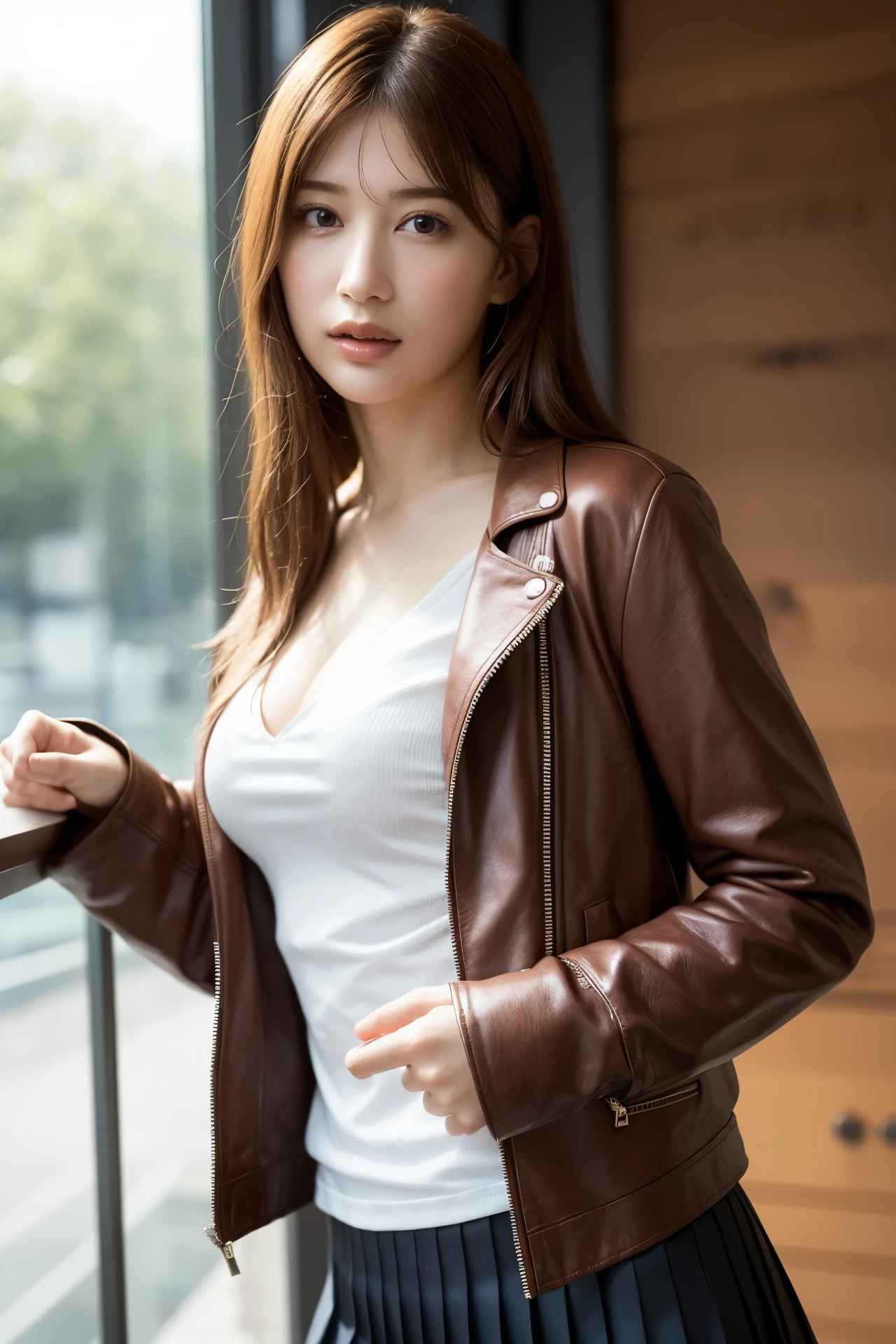 1girl,best quality,masterpiece,illustration,an extremely delicate and beautiful,CG,unity,8k wallpaper,Amazing,finely detail,masterpiece,official art,extremely detailed CG unity 8k wallpaper,incredibly absurdres,huge filesize,ultra-detailed,highres,extremely detailed,beautiful detailed girl,realistic,soft light,full frontal,(sunlight),leather jacket,white shirt,pleated skirt,