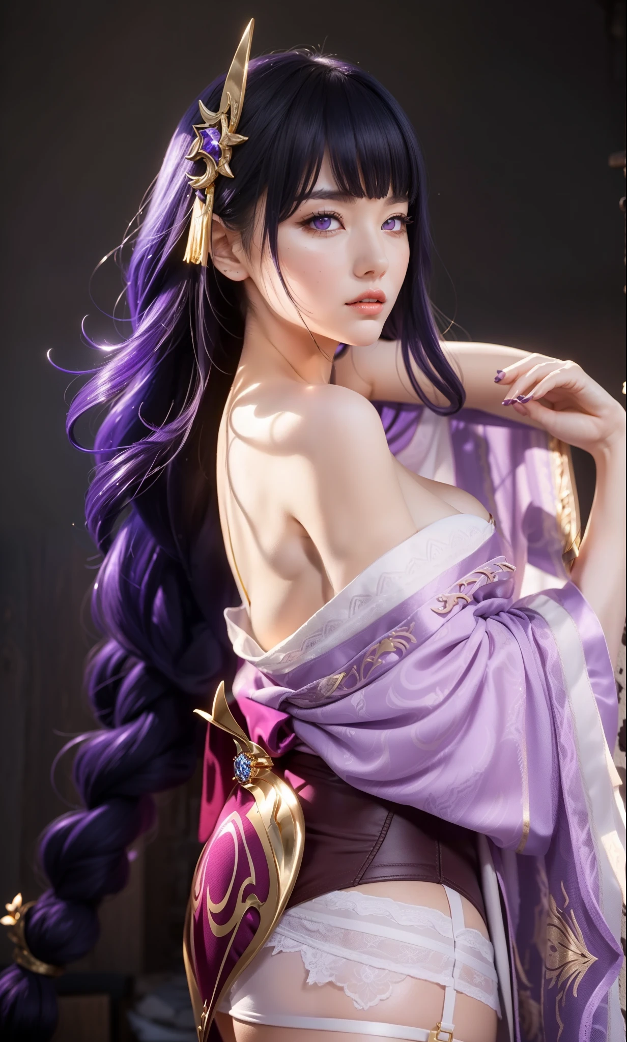 (ultra realistic photo, 8k uhd, full of details in clothes and face, masterpiece, girl goddess of beauty). Shogun Raider from Genshin Impact is a sexy woman with long, flowing purple hair, who wears a highly detailed sexy lingerie, she wears a jewel on the side of her head adorned with gold details and a gem in the center. - She wears a purple and pink outfit with gold details, with ornate designs in gold. The upper part of the armor is tight to the body, highlighting its curves. (she has long breasts, huge and perfect breasts emerging from her sexy, erotic cleavage, sharp pointed BREASTS), ((transparent micro panties showing pussy, perfect pussy)), defined body, body with curves, big perky ass, pussy showing, His arms are covered in armored gloves that have similar designs in gold and are attached to his upper arm by straps. - A piece of cloth flows from his waist, complementing the armor look. - Her face is very beautiful, she has light pink eyes and a serious expression. - In the background, there is a dramatic sky full of dark clouds and lightning lighting the scene. A full moon is also visible between the clouds.