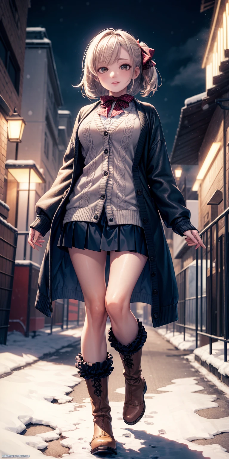 (masterpiece:1.2), best quality, highres, original, (extremely detailed:1.2), ultra-detailed, wallpaper, perfect lighting,(extremely detailed CG:1.2), 8k, anime illustration, 1girl, solo, smiling, (winter outfit:1.2), standing on the street, (knit cardigan:1.1), (bowknot on cardigan:1.25), knee-length skirt, (Ruffled hemline:1.3), winter boots, {delicate|detailed}clothes, (anatomically correct:1.34), close-up, full-body, looking at viewer, frontal, snowy street, (streetlight:1.17), city background, night, unity 4k