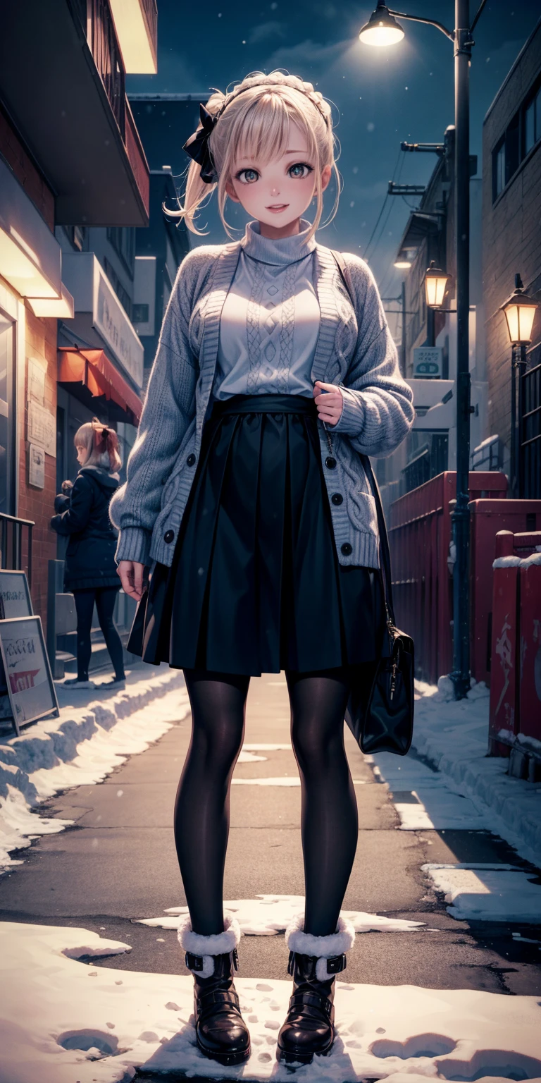 (masterpiece:1.2), best quality, highres, original, (extremely detailed:1.2), ultra-detailed, wallpaper, perfect lighting,(extremely detailed CG:1.2), 8k, anime illustration, 1girl, solo, smiling, (winter outfit:1.2), standing on the street, (knit cardigan:1.1), (bowknot on cardigan:1.25), knee-length skirt, (Ruffled hemline:1.3), winter boots, {delicate|detailed}clothes, (anatomically correct:1.34), close-up, full-body, looking at viewer, frontal, snowy street, (streetlight:1.17), city background, night, unity 4k
