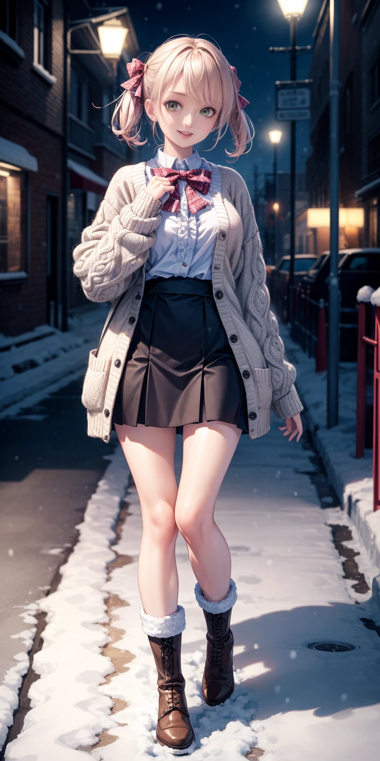 (masterpiece:1.2), best quality, highres, original, (extremely detailed:1.2), ultra-detailed, wallpaper, perfect lighting,(extremely detailed CG:1.2), 8k, anime illustration, 1girl, solo, smiling, (winter outfit:1.2), standing on the street, (knit cardigan:1.1), (bowknot on cardigan:1.25), knee-length skirt, (Ruffled hemline:1.3), winter boots, {delicate|detailed}clothes, (anatomically correct:1.34), close-up, full-body, looking at viewer, frontal, snowy street, (streetlight:1.17), city background, night, unity 4k