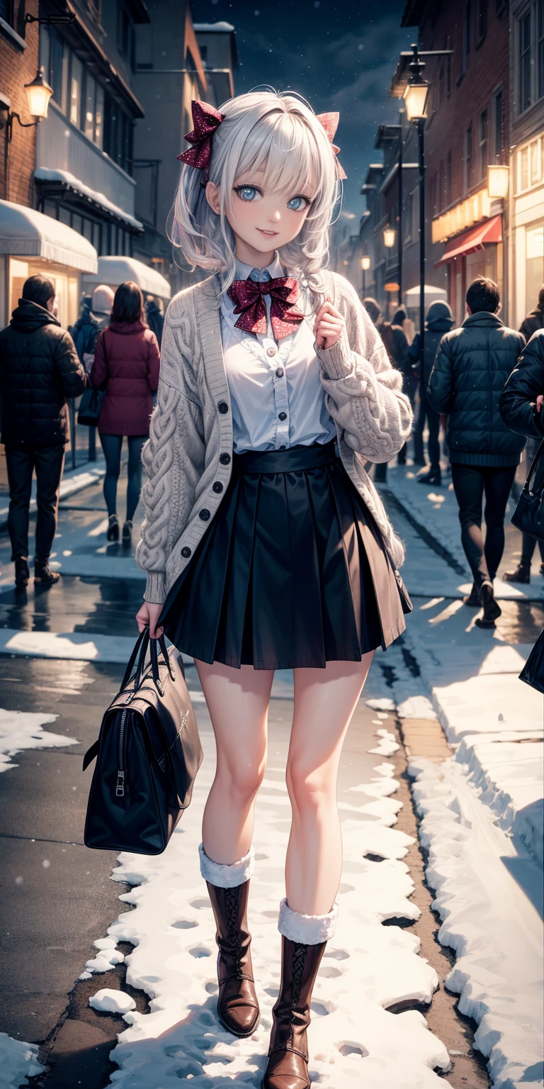 (masterpiece:1.2), best quality, highres, original, (extremely detailed:1.2), ultra-detailed, wallpaper, perfect lighting,(extremely detailed CG:1.2), 8k, anime illustration, 1girl, solo, smiling, (winter outfit:1.2), standing on the street, (knit cardigan:1.1), (bowknot on cardigan:1.25), knee-length skirt, (Ruffled hemline:1.3), winter boots, {delicate|detailed}clothes, (anatomically correct:1.34), close-up, full-body, looking at viewer, frontal, snowy street, (streetlight:1.17), city background, night, unity 4k