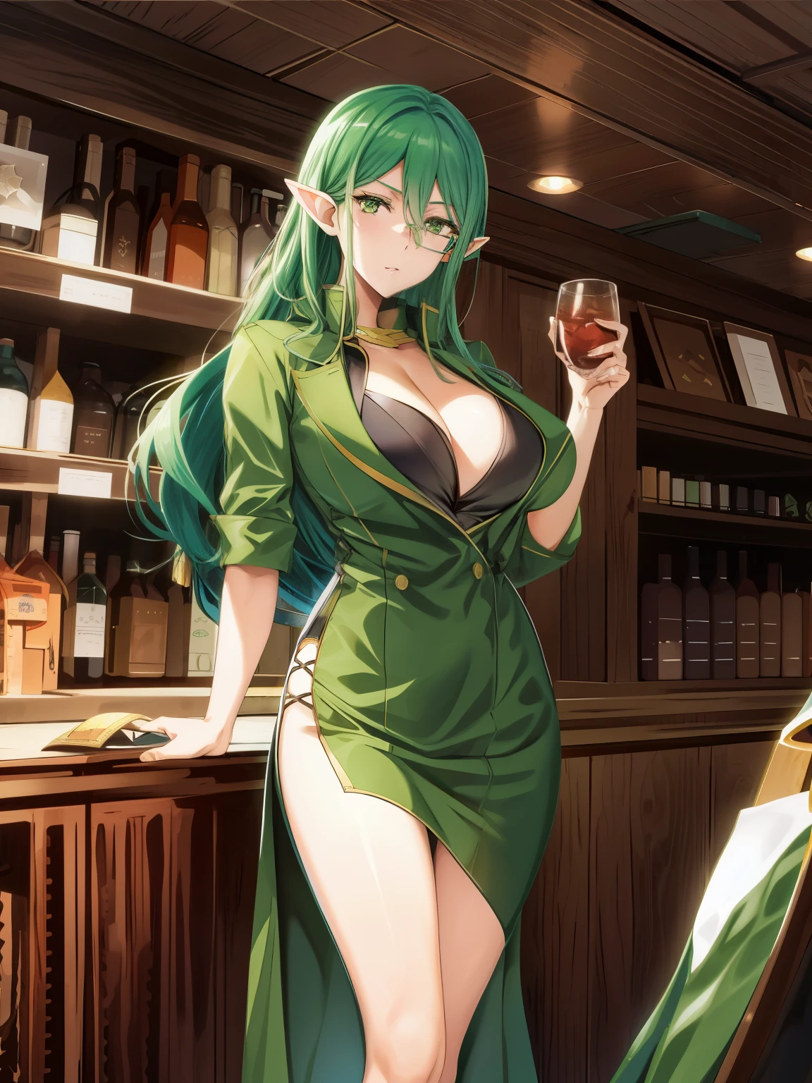 Riveria Ljos Alf,green coat, white shawl， Lens glare， （vibrant_Color：1.2） （big breasts beautiful，Large_Breasts：0.7）， （Beautiful_face：1.5），（Narrow_waistup），