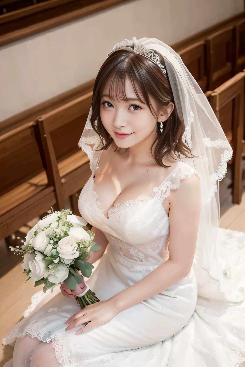 (highest quality, table top:1.2), (realistic:1.3), (非常にdetailed background, detailed background), Bokeh, ((medium breasts:1.2)), ((cleavage)), ((expand your chest:1.2)), enchanting eyes:1.4, (sexy obscene), ruffle dress, (See-through pure white mermaid dress edged with lace:1.4), bridal tiara, Gorgeous parchment white wedding dress, Luxurious white wedding dresses, Classic White Wedding Dresses, show, bridal veil, bridal gauntlet, bridal cascade bouquet, whole body, wedding in church, From above, The skirt is round and wide, 1 girl, cute, age, take a pose, smile, dynamic angle, dynamic pose, short hair,
