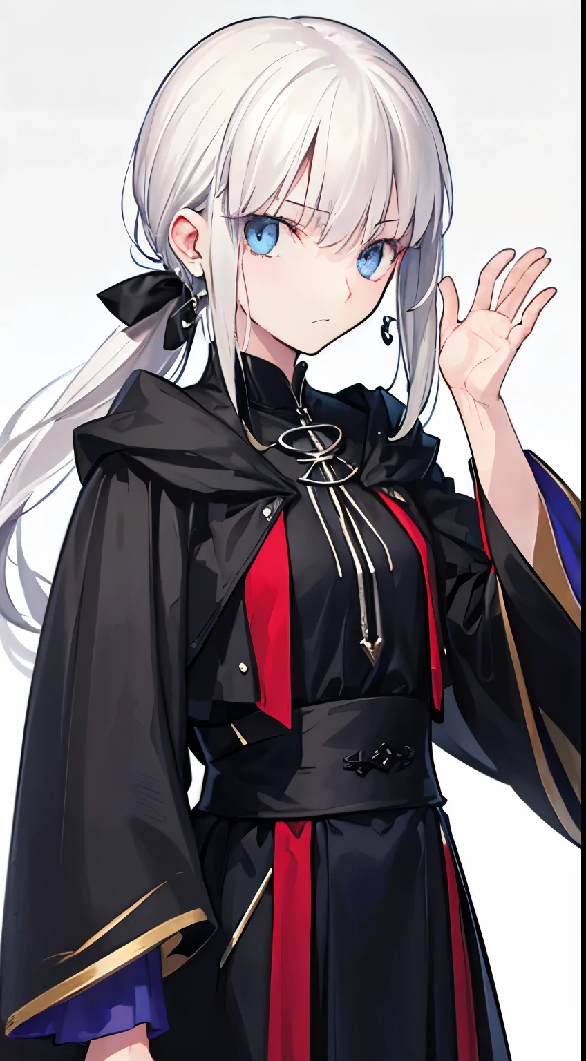 ((Suspicious man&#39;s daughter))、big empty blue eyes,  petite and slender,   ((gray hair,)),(low ponytail hair), In 8K, top quality, (highly detailed head: 1.0), (very detailed face: 1.0), (highly detailed hair: 1.0),((flashy black magic robe))、 black earrings, Detailed official artwork,  clean detailed anime art,sex appeal, cool look