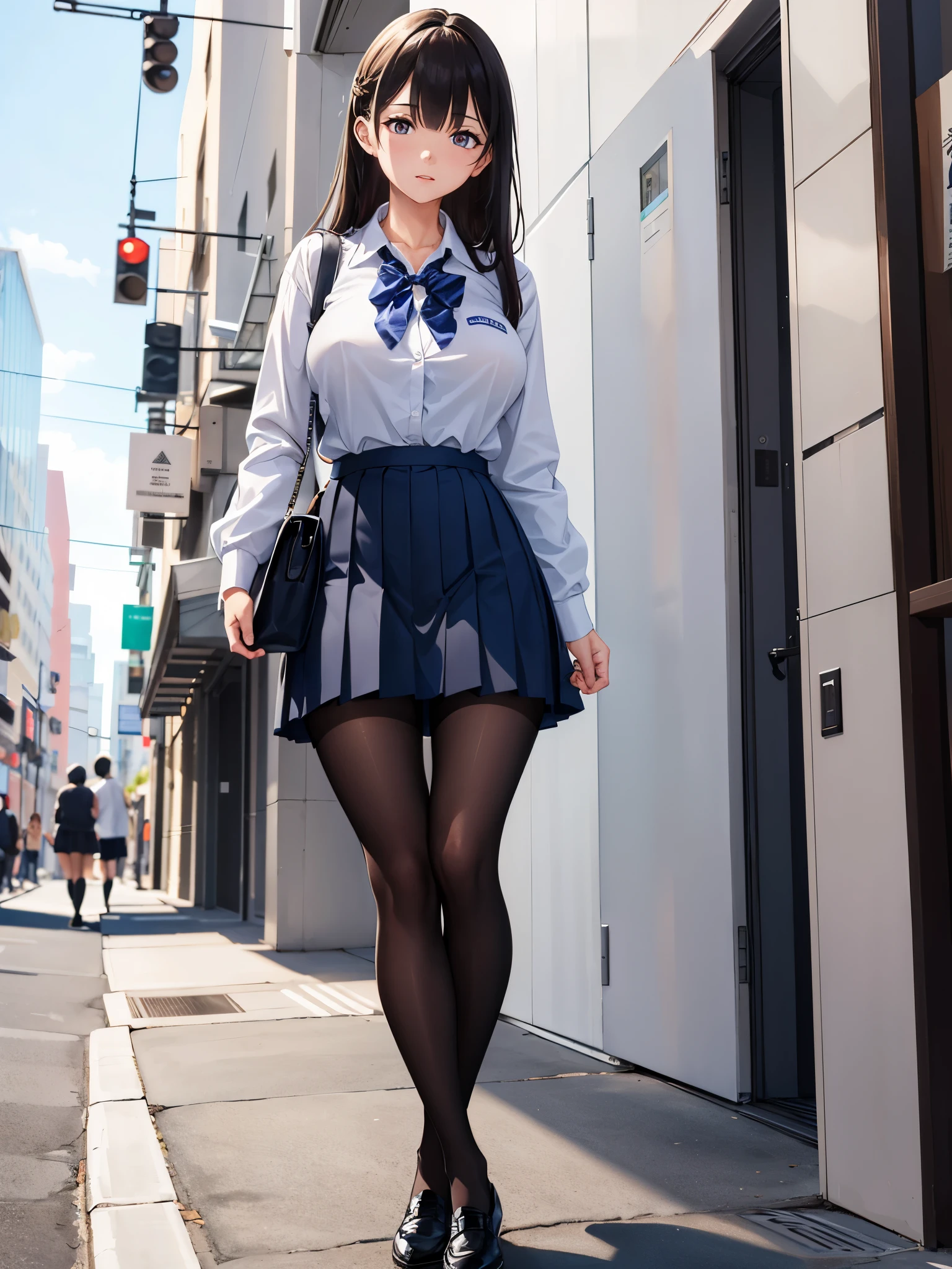 (1 girl),(high quality), (High resolution), (extremely detailed), (8K),(lower body shot),(She is wearing a school uniform and a navy pleated skirt.),(wearing black pantyhose)not wearing shoes,perfect writing,(Beautifully erect nipple shape),High resolutionの美しい目,(neutral white lighting:1.2),Walking around the city during the day