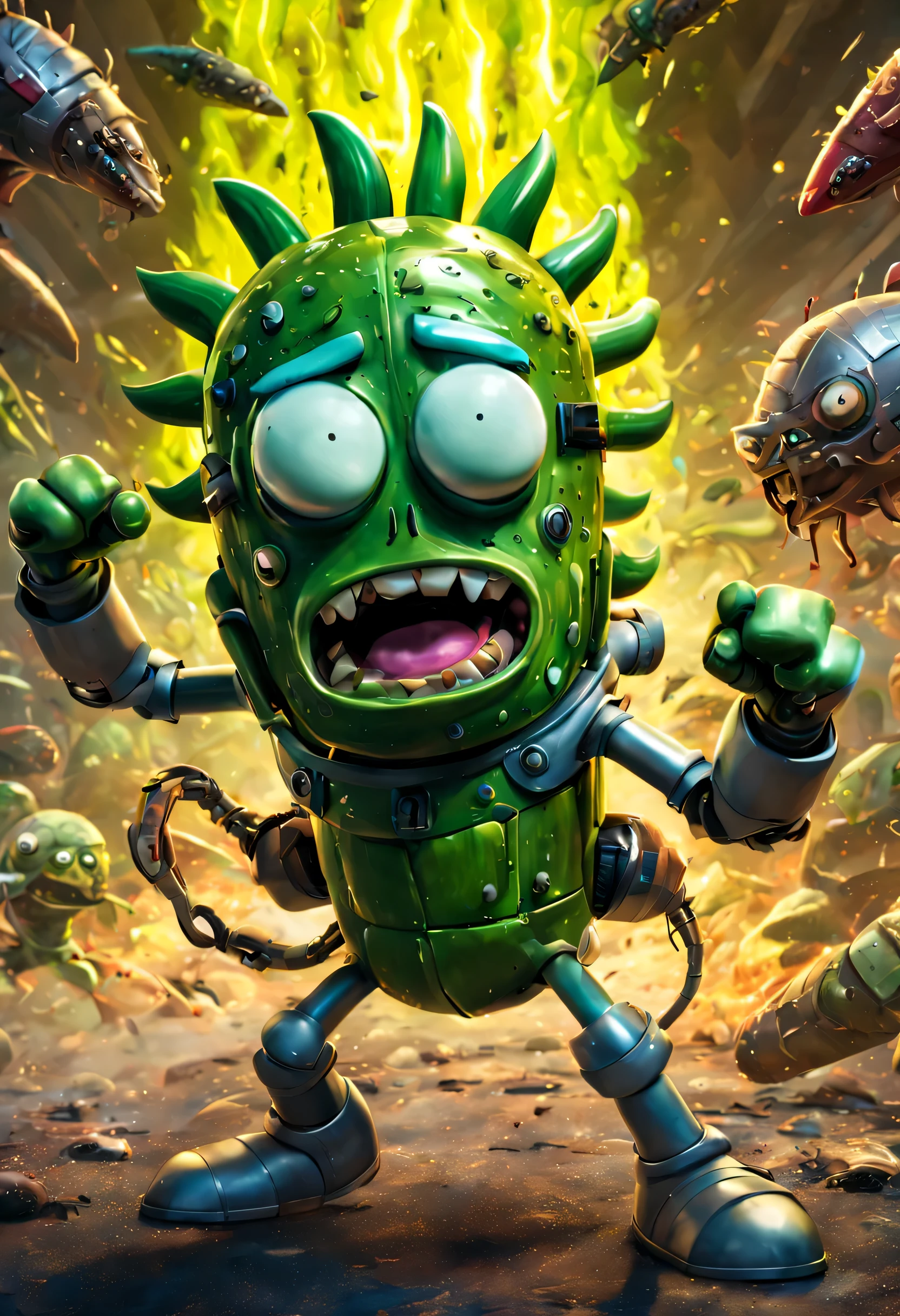 highly detailed 4K photorealistic photo of pickle Rick from Rick and Morty, pickle Rick in martial arts robotic armor fighting alien monsters. highly detailed, ultra graphical, vibrant colours, in the style of Rick and Morty.