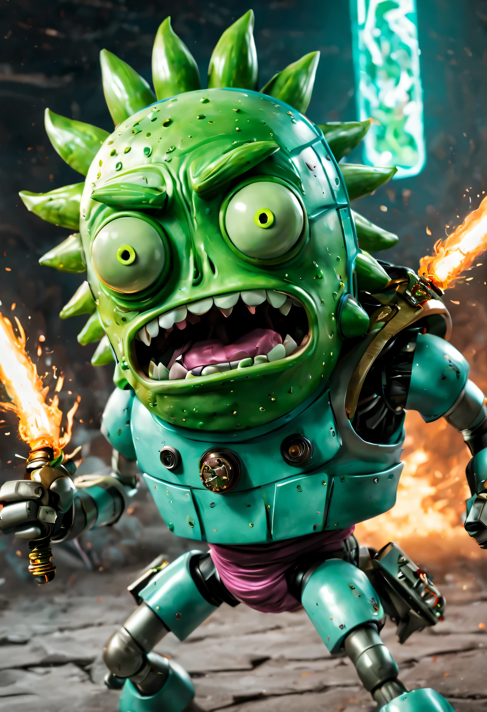 highly detailed 4K photorealistic photo of pickle Rick from Rick and Morty, pickle Rick in martial arts robotic armor fighting alien monsters. highly detailed, ultra graphical, vibrant colours, in the style of Rick and Morty.