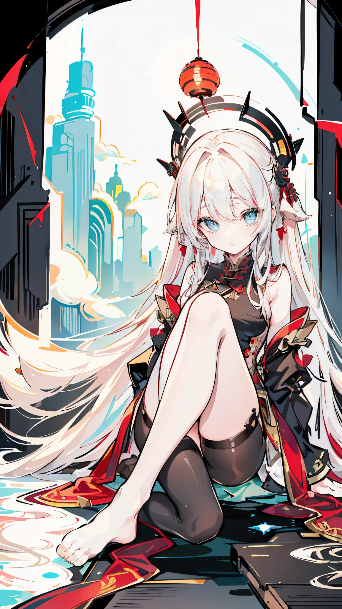 a girl，Sheep&#39;s horn, full color,  long white hair, Red眼睛 ，Eyeliner,  black transparent clothes, Red, open air, Rose, night, ruins, Butterfly，mine same as the original, mine, , (:1.2)
rest, (cheongsam), (view from below), (Put your arms behind your back), (wild lift), thin dress, Crotch cutout, 
rest looking at viewer, 
rest, Home,
rest (masterpiece:1.2), best quality, high resolution, unified 8k wallpaper, (illustration:0.8), (Beautiful and delicate eyes:1.6), extremely detailed face, perfect lighting, Very detailed cg, (perfect hands, perfect anatomy),soles of feet，sitting，blond，red lips，Acting cute，close up，spread legs，camel toe