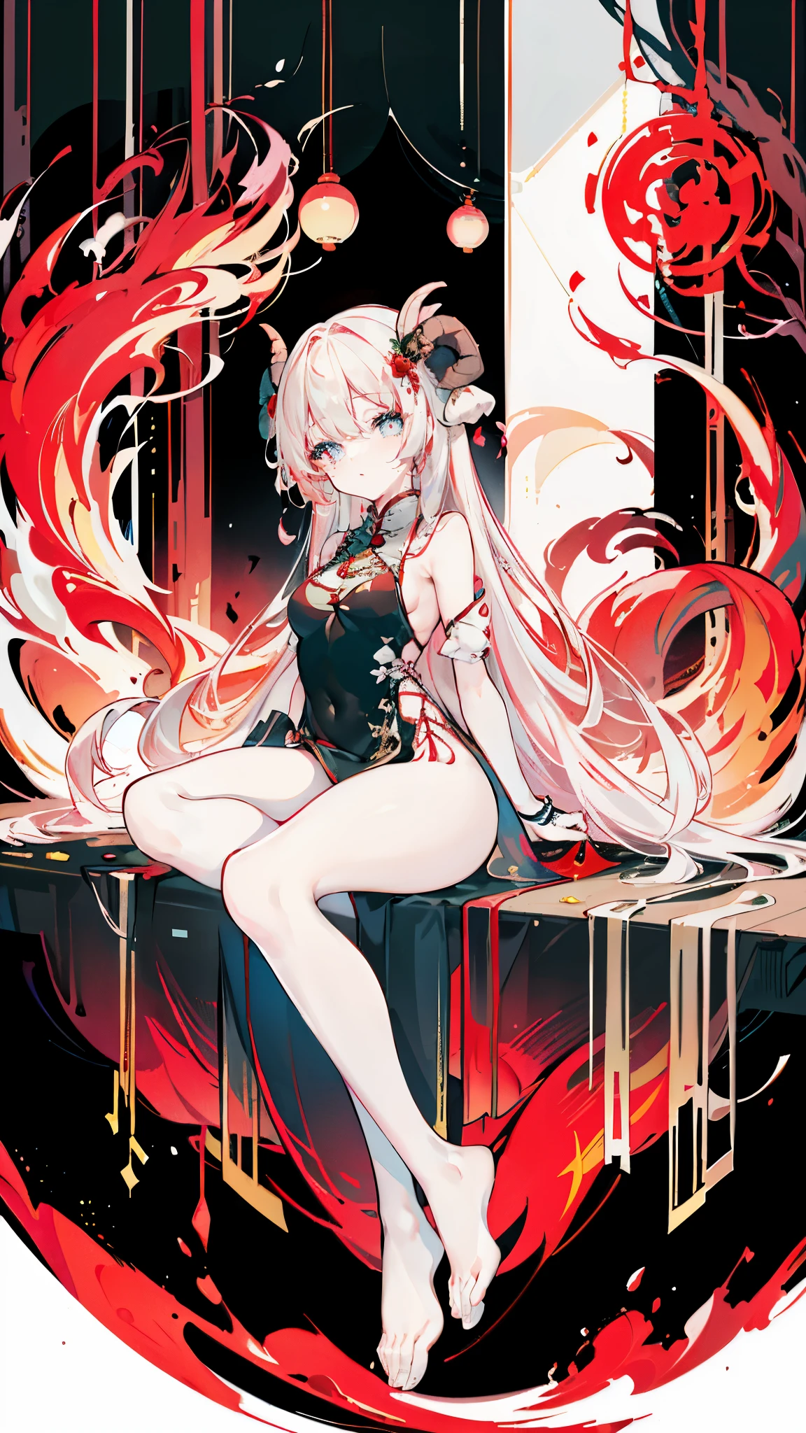 a girl,Sheep's horn, full color, long white hair, Red眼睛 ,Eyeliner, black transparent clothes, Red, open air, Rose, night, ruins, Butterfly,mine same as the original, mine, , (:1.2)
rest, (cheongsam), (view from below), (Put your arms behind your back), (wild lift), thin dress, Crotch cutout,
rest looking at viewer,
rest, Home,
rest (masterpiece:1.2), best quality, high resolution, unified 8k wallpaper, (illustration:0.8), (Beautiful and delicate eyes:1.6), extremely detailed face, perfect lighting, Very detailed cg, (perfect hands, perfect anatomy),soles of feet,sitting,blond,red lips,Acting cute,close up,spread legs,camel toe