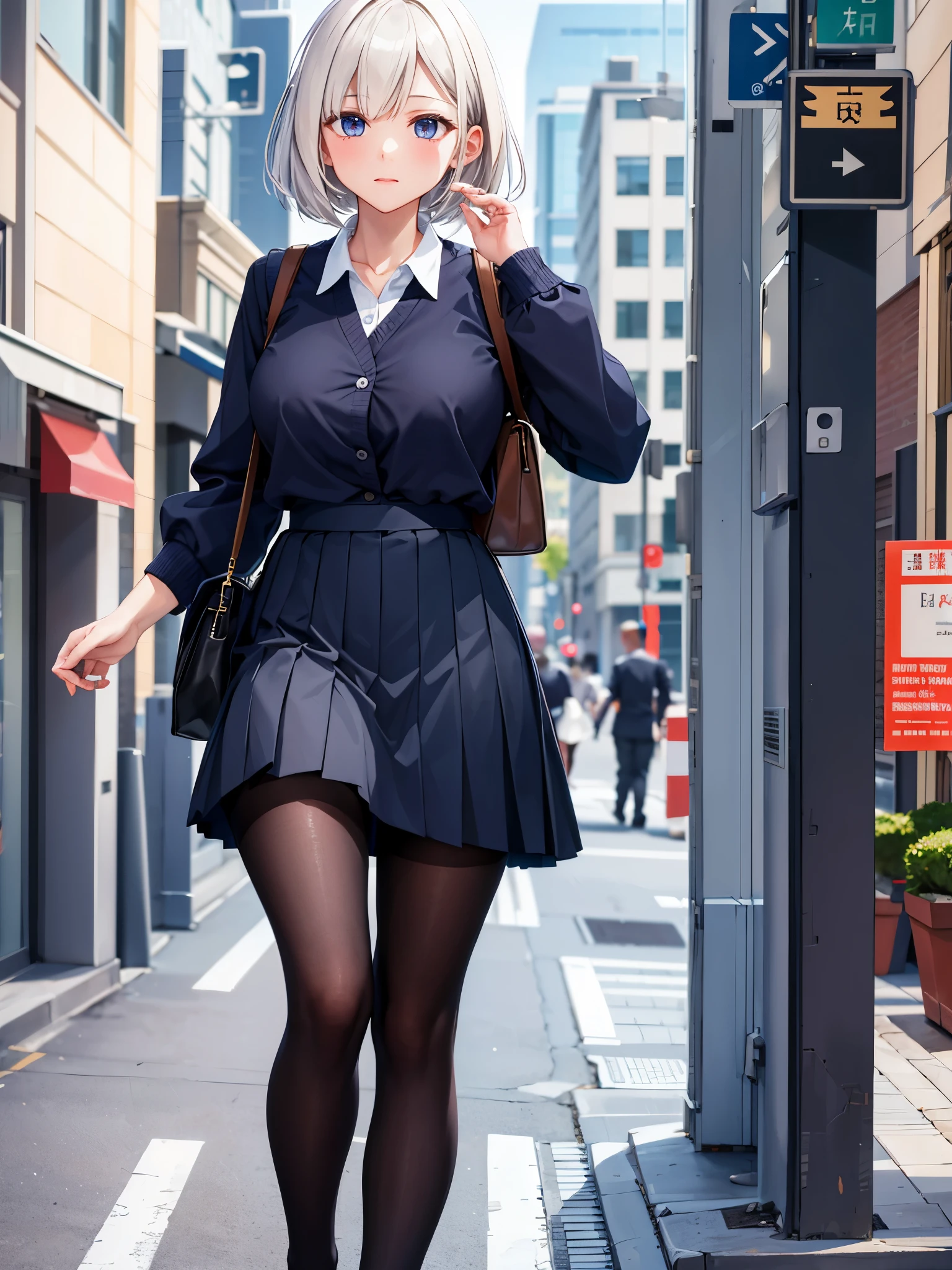 (1 girl),(high quality), (High resolution), (extremely detailed), (8K),(lower body shot),(She is wearing a school uniform and a navy pleated skirt.),(wearing black pantyhose)not wearing shoes,perfect writing,(Beautifully erect nipple shape),High resolutionの美しい目,(neutral white lighting:1.2),Walking around the city during the day