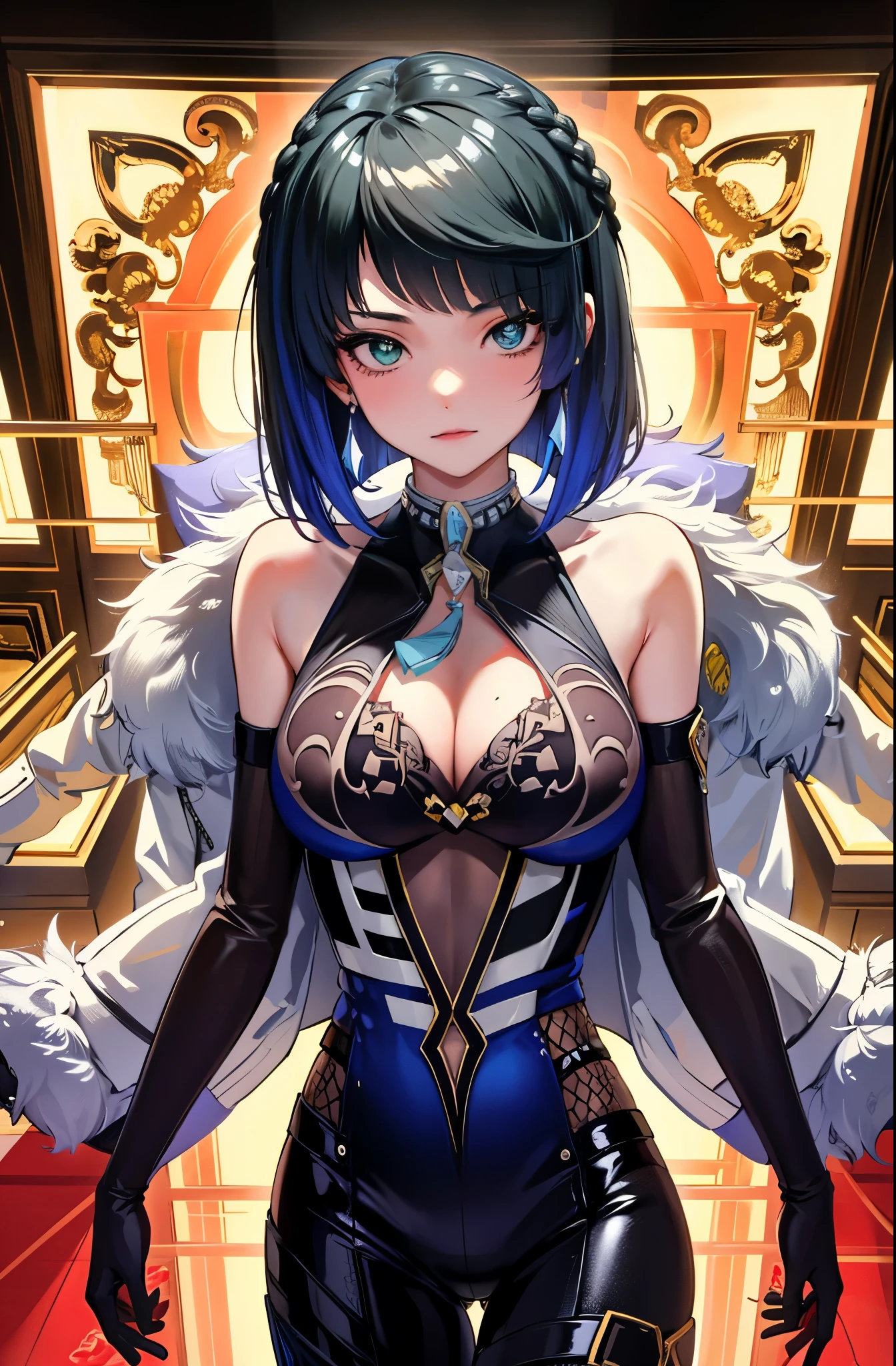 perfect body, sensual cleavage, medium breasts, black suit, feminine suit and tie, Ultra HD, 4k image, view of the character from above, best image quality, artistic press, 超高分辨率, (fidelity: 1.4), photoreal, 1 agent, light green globe eyes, eyelashes, beautiful pupil, shadows, slight blush, delicate facial features, reasonable facial features, bare shoulders exposed, waist exposed