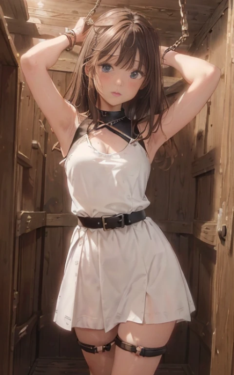 ((masterpiece)), ((best quality)), (ultra-detailed), NSFW, ((torture chamber)),a cute girl, 1girl, solo, (white mini tanktop dress),(chain bound arms), (both hands are bound and is hung from the ceiling),bdsm,shibari,restrained,((thin waist)),(((single belt bound waist))),beautiful brown hair, beautiful blue eyes, (beautiful eyes), long hair,troubled expression