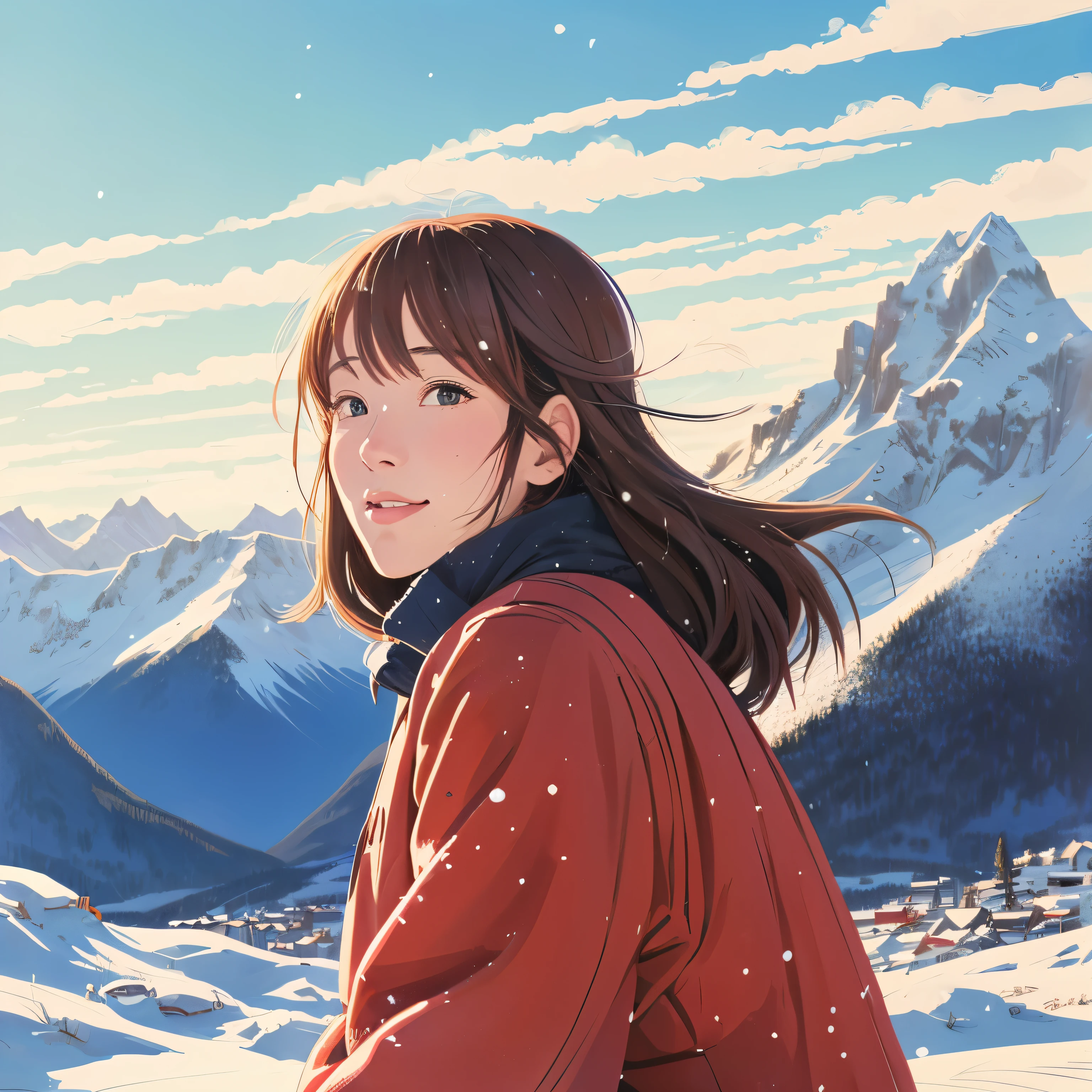 illustration style, ukiyo-e, Showa anime, mature woman, snow, (Sensitive), Asahi, mountains in the background, (highest quality, Super detailed, realistic:1.37, portrait, bright colors, Natural light)