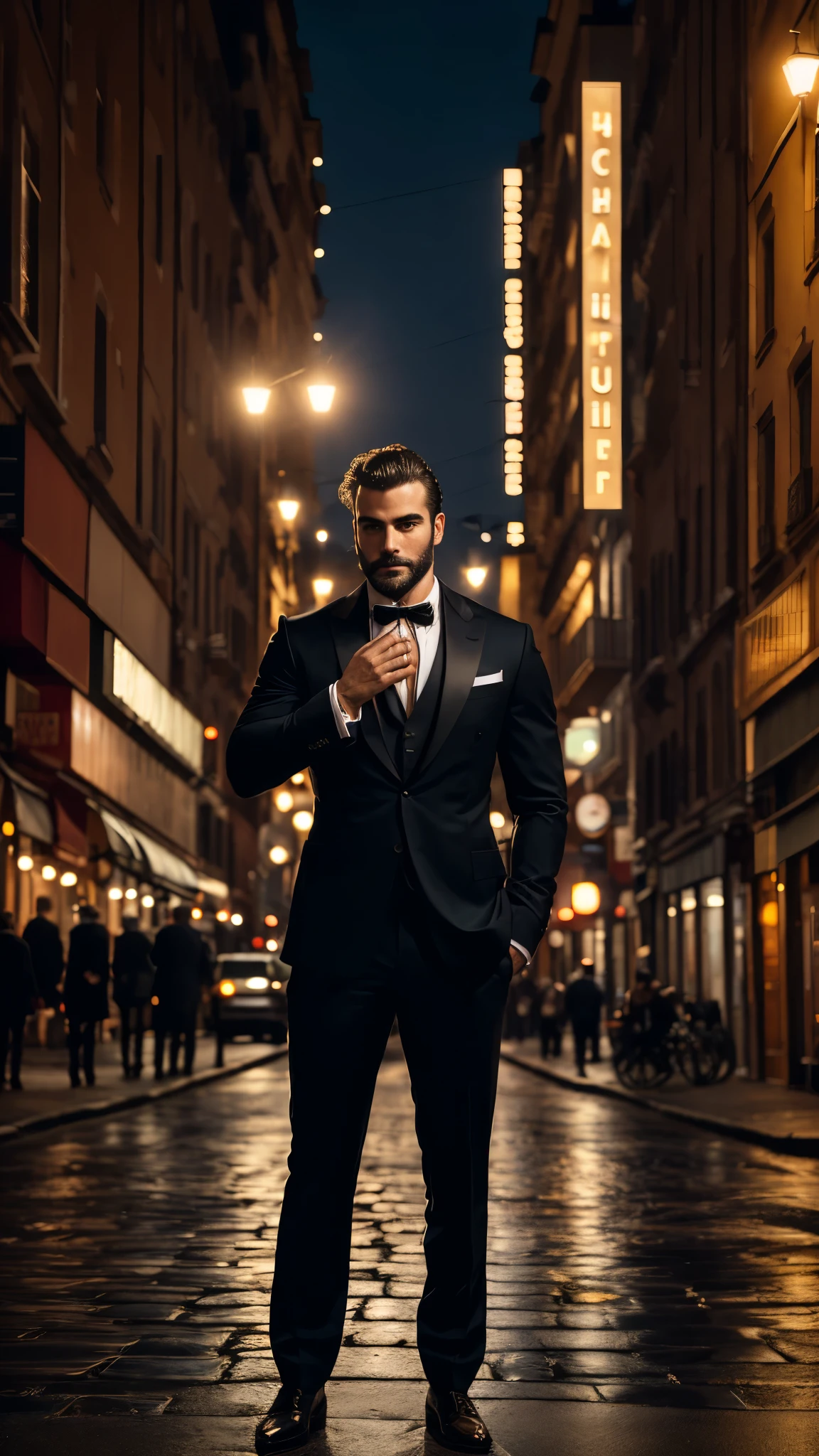 hairy！strong, shave clean, Italian man, cleft chin, Customized suitagazine photography！Street corner with dark background！Ground reflection！film lighting art！Award-winning works！elegant gesture！portrait！