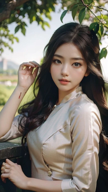 photo of a 25 years old Asian girl, RAW, beautiful woman, (extra long wavy brown hair), ((portrait)), ((detailed face:1.2)), ((detailed facial featureinely detailed skin), pale skin, high detailed Outfit, walking and posing in the colorful flowers garden, megacity environment, (cold colors), damp, moist, reflectionasterpiece) (perfect proportion)(realistic photo)(best quality) (detailed) photographed on a Canon EOS R5, 50mm lens, F/2.8, HDR, (8k) (wallpaper) (cinematic lighting) (dramatic lighting) (sharp focus) (intricate) fashion