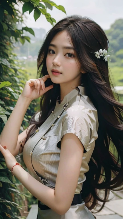 photo of a 25 years old Asian girl, RAW, beautiful woman, (extra long wavy brown hair), ((portrait)), ((detailed face:1.2)), ((detailed facial featureinely detailed skin), pale skin, high detailed Outfit, walking and posing in the colorful flowers garden, megacity environment, (cold colors), damp, moist, reflectionasterpiece) (perfect proportion)(realistic photo)(best quality) (detailed) photographed on a Canon EOS R5, 50mm lens, F/2.8, HDR, (8k) (wallpaper) (cinematic lighting) (dramatic lighting) (sharp focus) (intricate) fashion