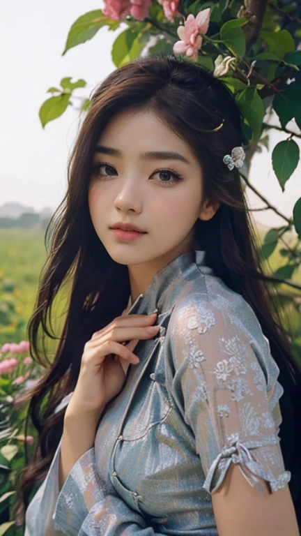 photo of a 25 years old Asian girl, RAW, beautiful woman, (extra long wavy brown hair), ((portrait)), ((detailed face:1.2)), ((detailed facial featureinely detailed skin), pale skin, high detailed Outfit, walking and posing in the colorful flowers garden, megacity environment, (cold colors), damp, moist, reflectionasterpiece) (perfect proportion)(realistic photo)(best quality) (detailed) photographed on a Canon EOS R5, 50mm lens, F/2.8, HDR, (8k) (wallpaper) (cinematic lighting) (dramatic lighting) (sharp focus) (intricate) fashion
