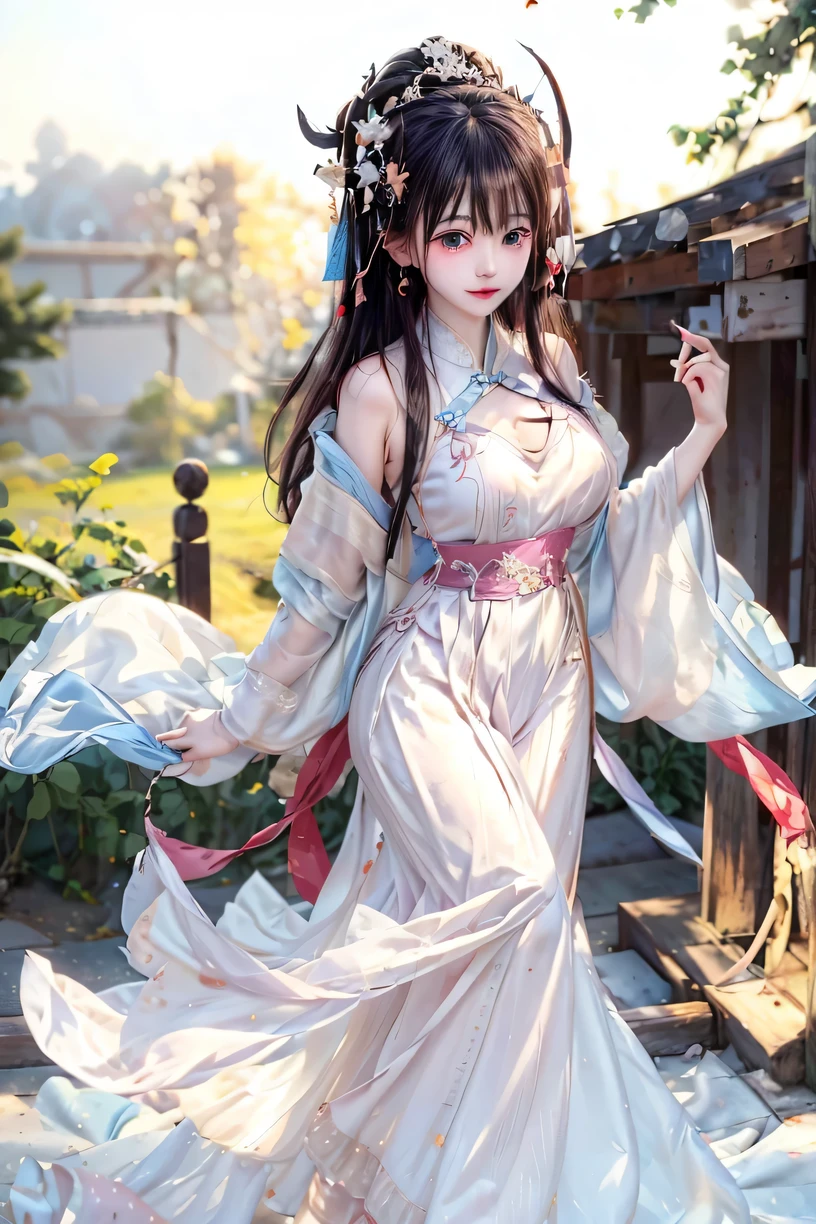 a princess 10 yeald old cute Hanfu dynasty open V-chested clothes royal, Wet body of thin silk fabric, Thin silk lace dress, (huge boobs，cleavage),, white pink ，best qualtiy，tmasterpiece，超高分辨率，（真实感：1.4），RAW photogr，（True skin texture：1.3），（filmgrain：1.3），（Selfie angle），1个Giant Breast Girl，Beautiful eye and face details，tmasterpiece，Best quality at best，，The chest more exposed， detailed hair，above looking down facing at camera,short dressPrincess Eyes,Super big eyes,Detailed face,shiny pupils, (a garden,moon palace,)
