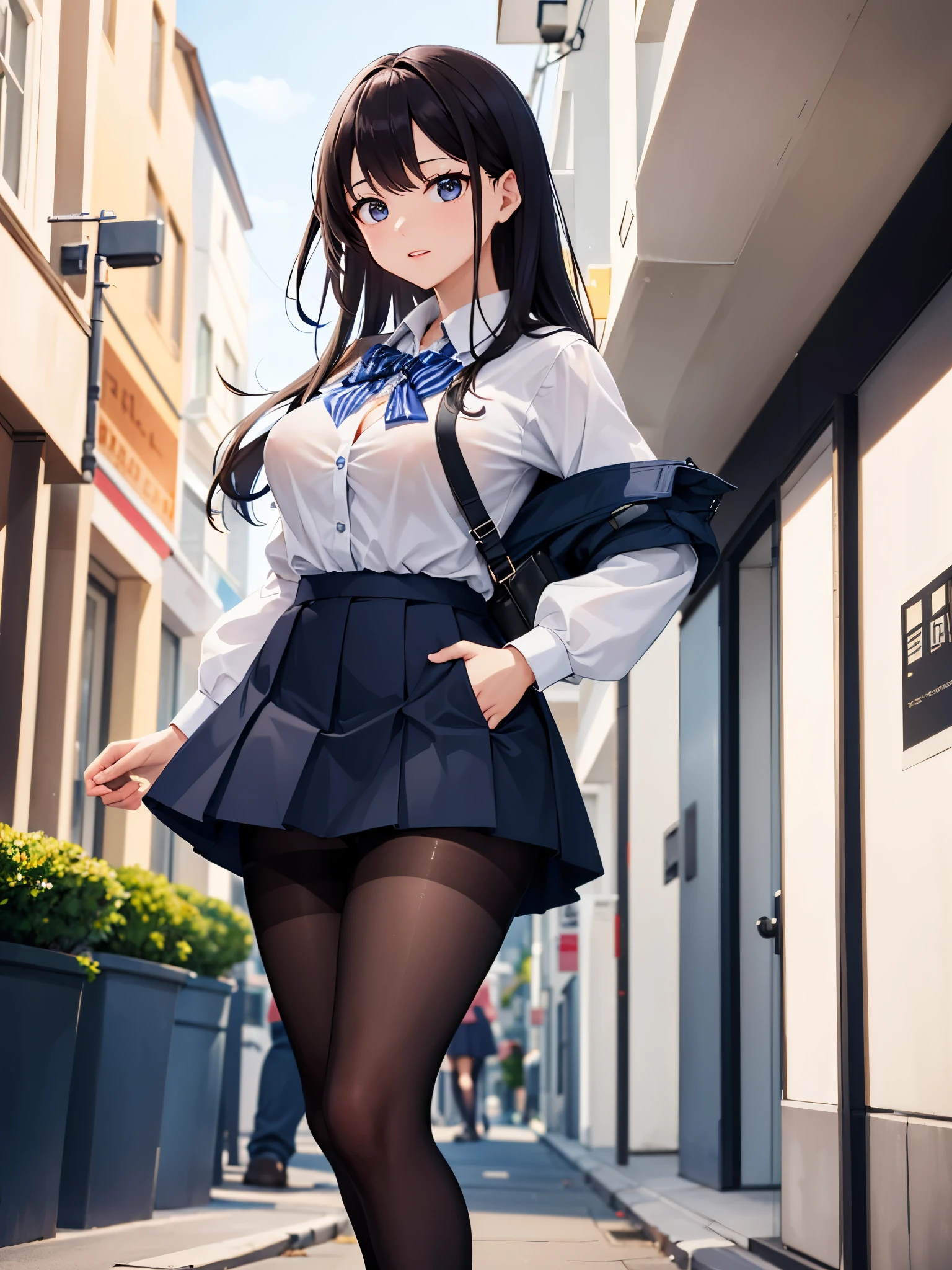 (1 girl),(high quality), (High resolution), (extremely detailed), (8K),(lower body shot),(She is wearing a school uniform and a navy pleated skirt.),(wearing black pantyhose)not wearing shoes,perfect writing,(Beautifully erect nipple shape:1.2),High resolutionの美しい目,(neutral white lighting:1.2),Walking around the city during the day