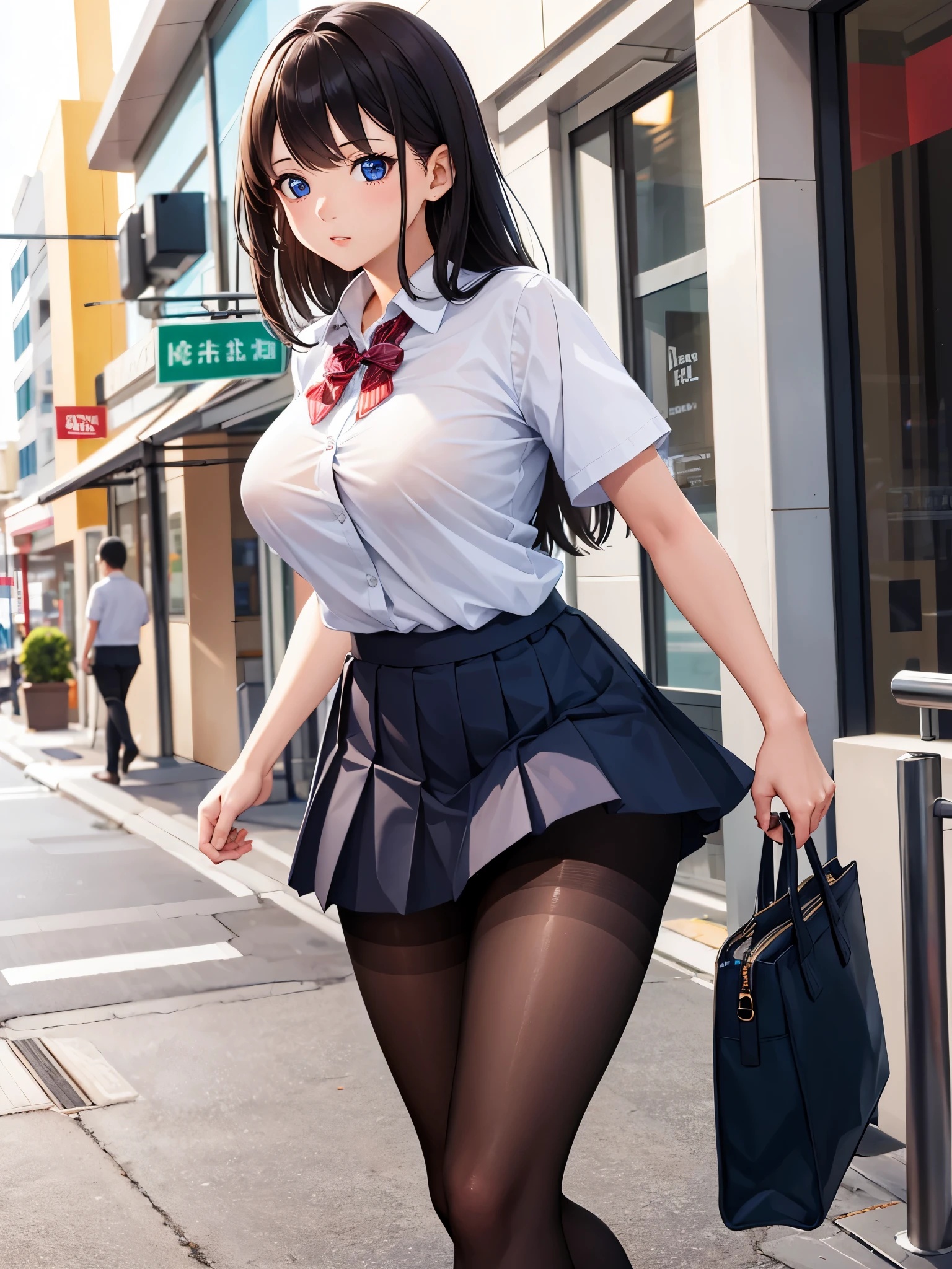 (1 girl),(high quality), (High resolution), (extremely detailed), (8K),(lower body shot),(She is wearing a school uniform and a navy pleated skirt.),(wearing black pantyhose)not wearing shoes,perfect writing,(Beautifully erect nipple shape:1.2),High resolutionの美しい目,(neutral white lighting:1.2),Walking around the city during the day