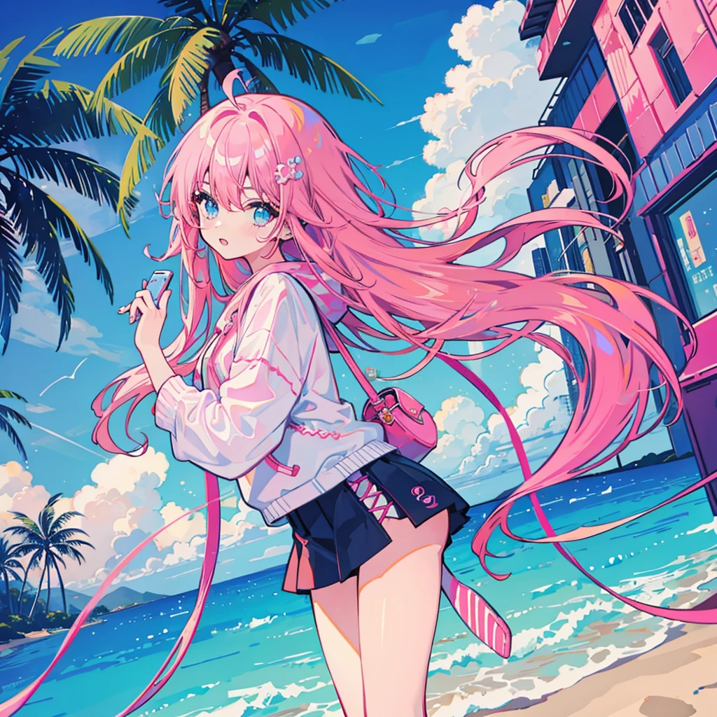(1 girl, pink hair, kawaii), (seaside, pink sky, palm tree, blue classic car, blue and pink neon)