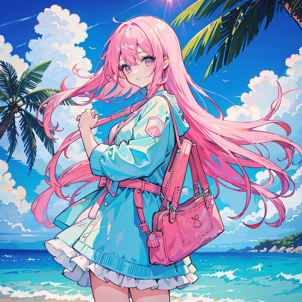 (1 girl, pink hair, kawaii), (seaside, pink sky, palm tree, blue classic car, blue and pink neon)