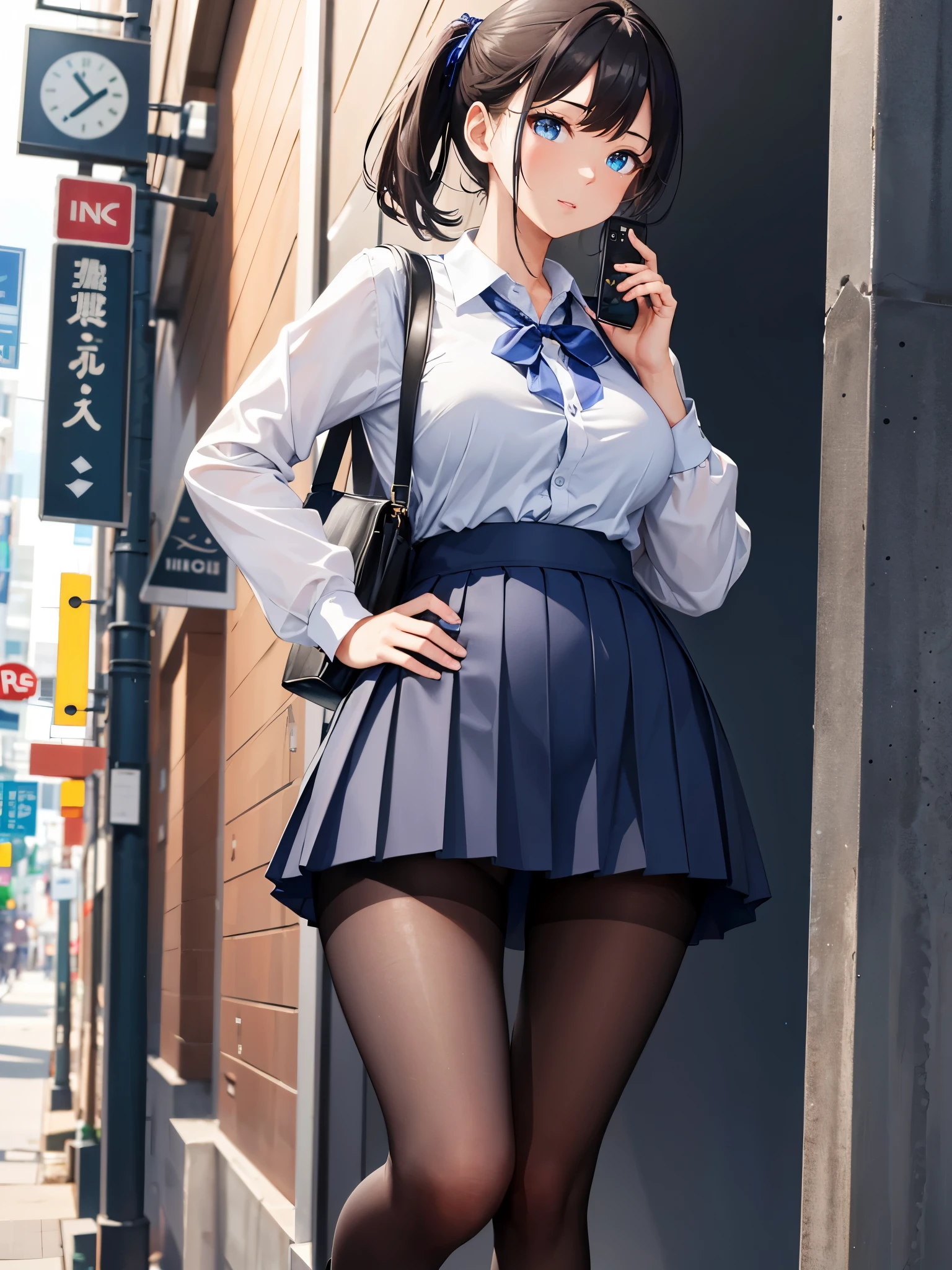 (1 girl),(high quality), (High resolution), (extremely detailed), (8K),(lower body shot),(She is wearing a school uniform and a dark blue short pleated skirt.),(wearing black pantyhose)not wearing shoes,perfect writing,(Beautifully erect nipple shape:1.2),High resolutionの美しい目,(neutral white lighting:1.2),Walking around the city during the day