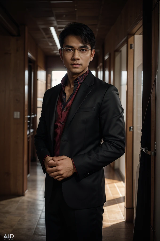 best quality, masterpiece, high resolution, 1 man, Malay traditional baju melayu, very short hair, black suit, handsome face, on_body, tyndall effect, optical, dark studio, light border, two-tone lighting, (high detail skin: 1.2), 8k uhd, Dslr, soft lighting, high quality, Volumetric lighting, candid, Photogram, high res, 4k, 8k, Motherboard