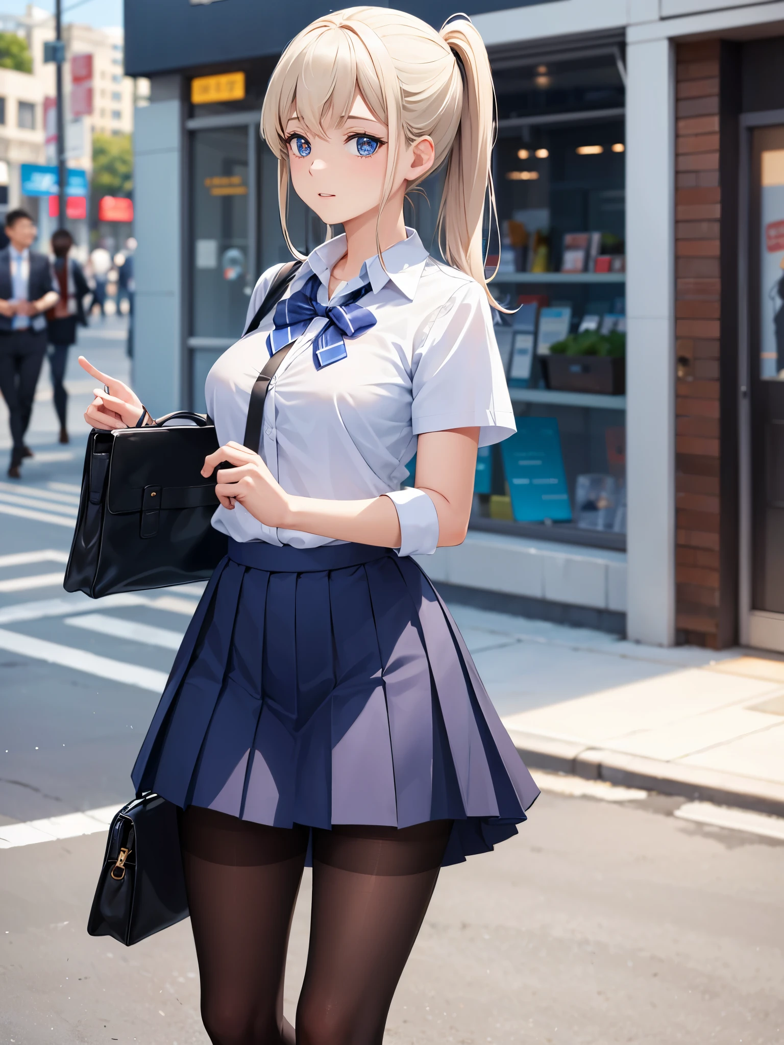 (1 girl),(high quality), (High resolution), (extremely detailed), (8K),(lower body shot),(She is wearing a school uniform and a dark blue short pleated skirt.),(wearing black pantyhose)not wearing shoes,perfect writing,(Beautifully erect nipple shape:1.2),High resolutionの美しい目,(neutral white lighting:1.2),Walking around the city during the day