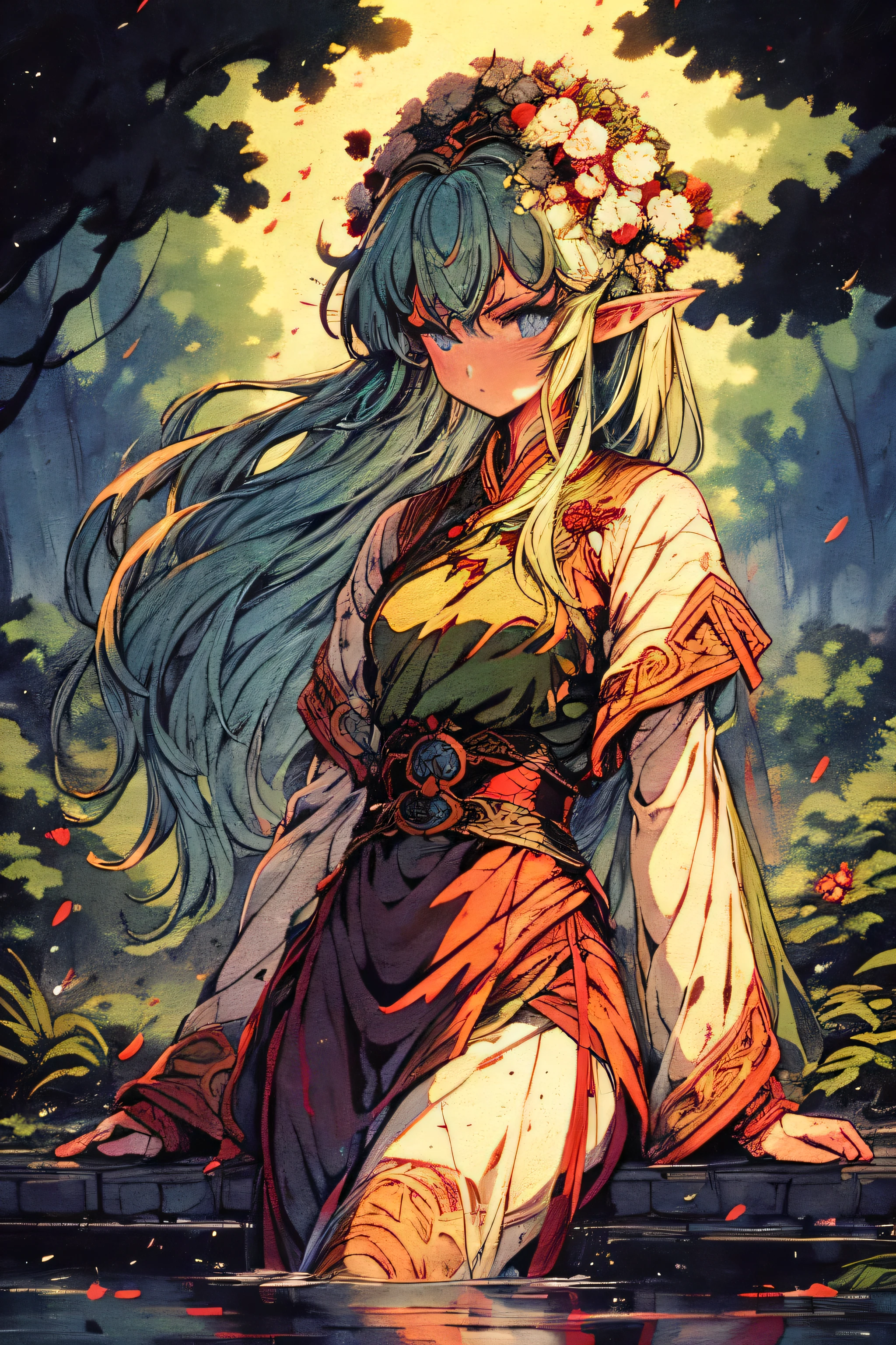 (beautiful elf girl in the distance) ,big watery eyes, delicate hair, an ancient Chinese beauty wearing ancient Chinese clothing,ink painting style, clean color, decisive cutting, forest, freehand, masterpiece, super detailed, epic composition, high quality, the highest quality, 4k