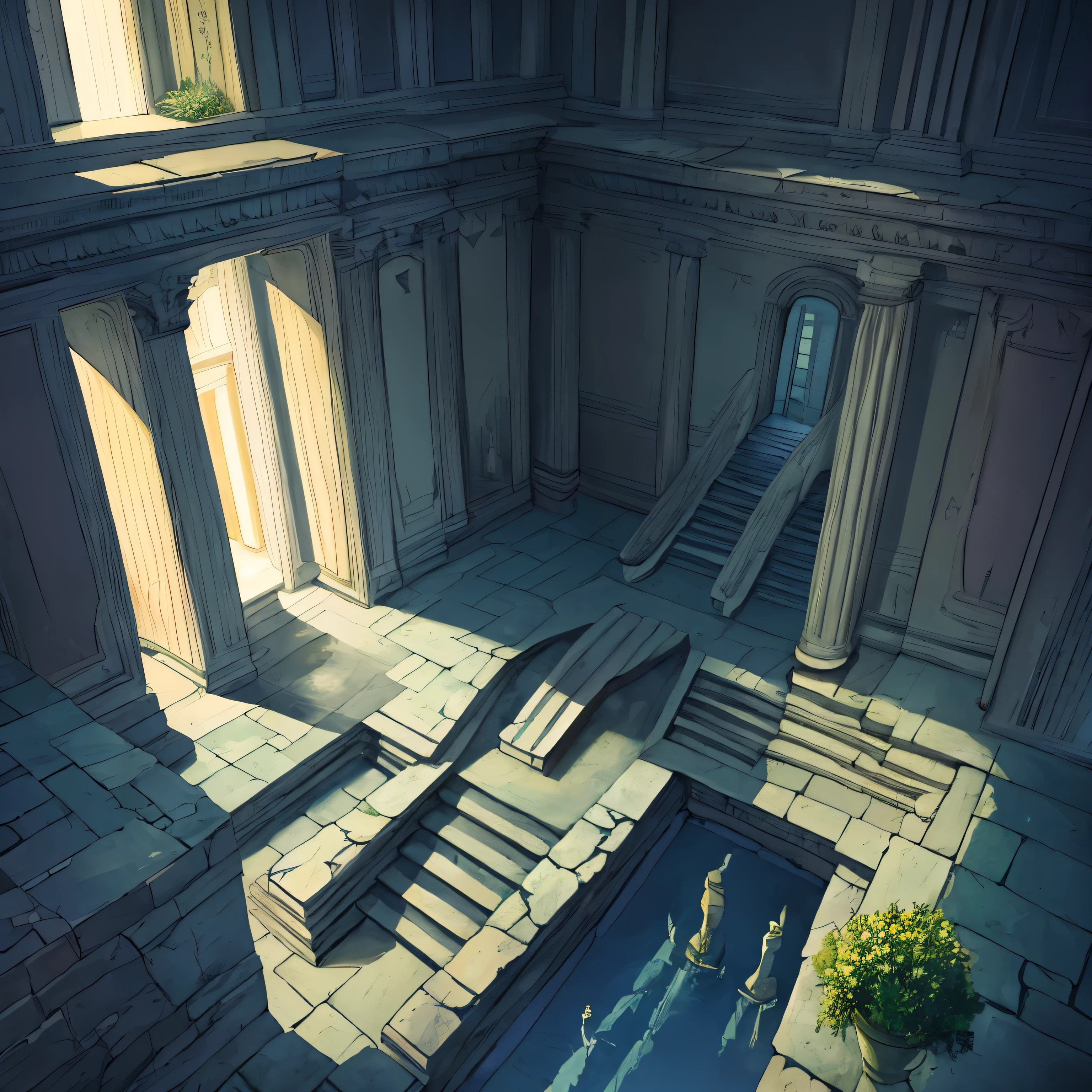 (masterpiece, highest quality:1.5), confused, Outdated intricate details, 8K, fantasy , perspective from above, Corners, stone brick stairs, stairs with gaps, ruin-like stairs, Stone brick wall, there are no humans,a little foggy, cloud, water, scenery, SF, volume lighting, part of the building, In Building, perfect composition, very detailed, very detailed風景, (very detailed), Buildings only, complex buildings