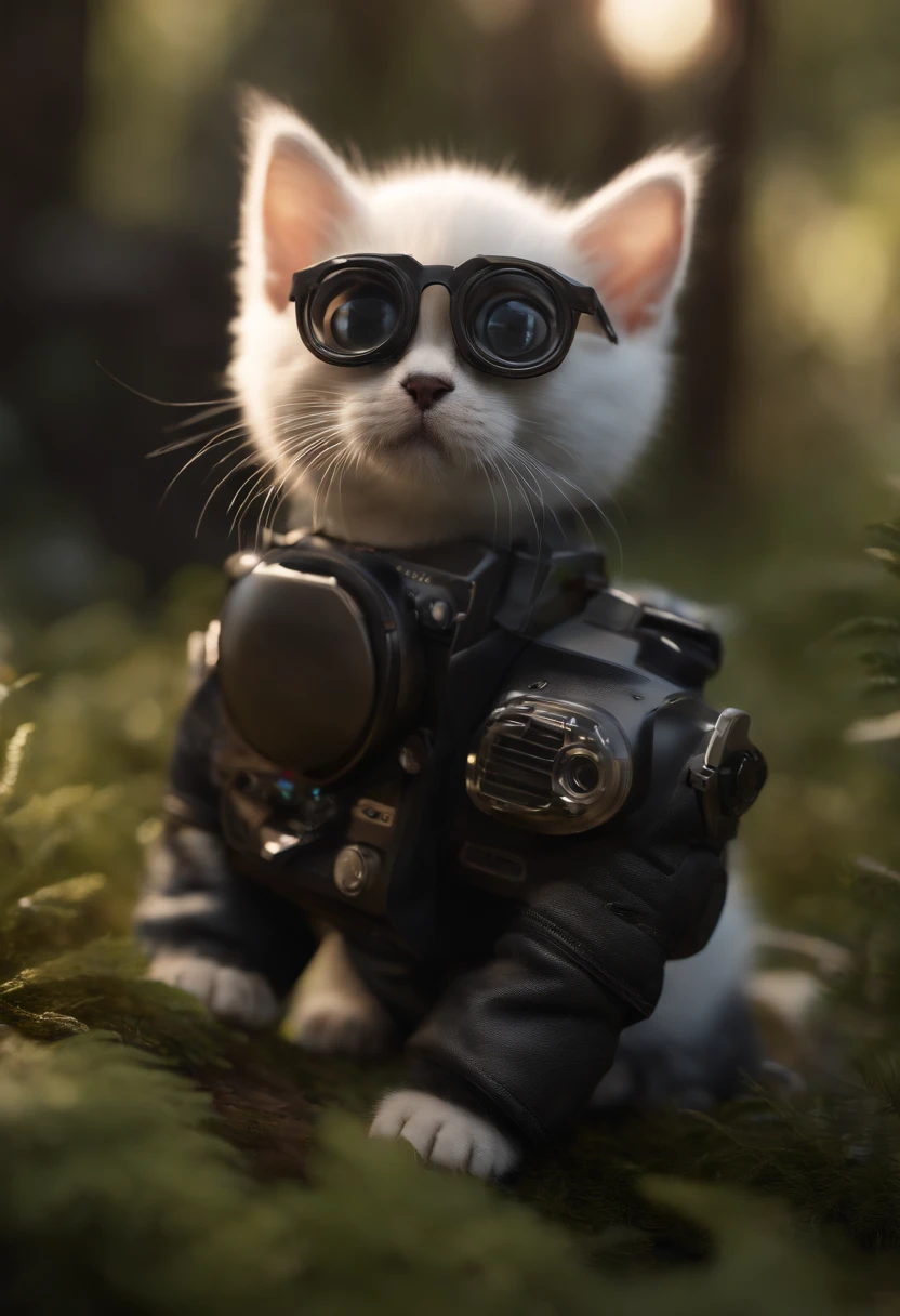 Cute and cool little kitten with thick lens glasses, Fluffy lid, White background, Teen cute puppies in full growth cypunk in jacket, boombox, iso-distance view, Cinematic, Hyperrealistic, back lit lighting, very low angle, Highly detailed, zoomout, rendered in unrealengine, 4K, in the forest