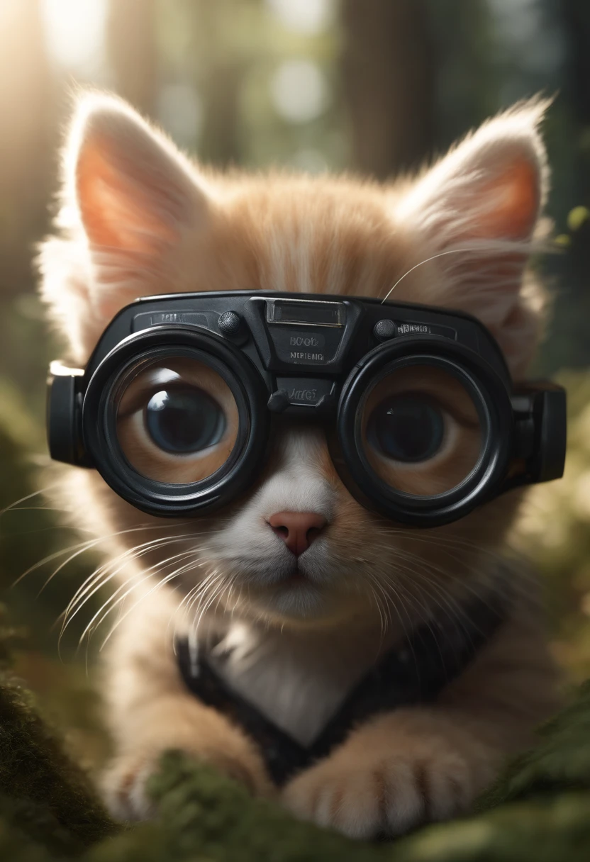 Cute and cool little kitten with thick lens glasses, Fluffy lid, White background, Teen cute puppies in full growth cypunk in jacket, boombox, iso-distance view, Cinematic, Hyperrealistic, back lit lighting, very low angle, Highly detailed, zoomout, rendered in unrealengine, 4K, in the forest