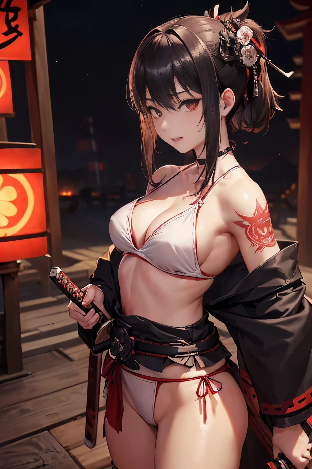 最high quality、best image quality、In 8K,4K,masterpiece、(NSFW:1.1)、super detailed、beautiful、超high quality、-like、nice、((smaller breasts:1.4、narrow cleavage, under booblad:1.4), Full of wounds:1.1), Blood everywhere, (Blood on clothes:1.1), blood pool, (Covered with blood:1.3))、with a girl(((18-year-old、A bloodstained white cloth was wrapped around his chest....:1.5、Defeat a samurai zombie with a Japanese sword:1.5、White loincloth with blood on the waist:1.5、ponytail:1.5、dark brown hair:1.3、Torn Hakama:1.2、Disturbed armor:1.2、Putting out fangs:1.5、I have a Japanese sword in my right hand:1.5、He holds a Japanese sword sheath in his left hand....:1.5、Hold the Japanese sword vertically with your right hand....:1.5、red eyes、erotic:1.4、happiness、tattoo)))、high quality、visual art、With background((neon, night:1.3、temple background:1.3、Horde of samurai zombies:1.3))、table top