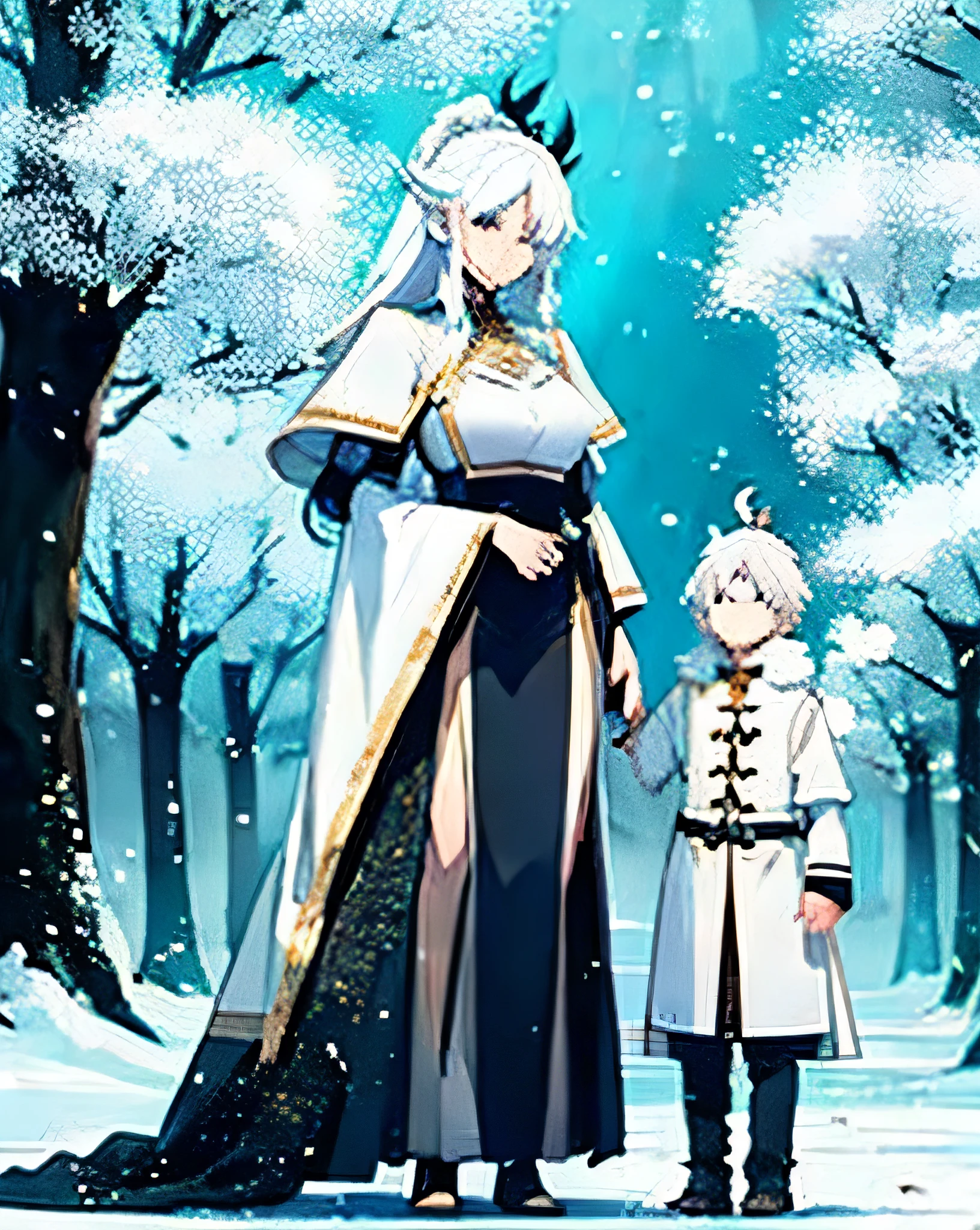 whilst exploring a snow covered forest, two people notice you, one is a Tall, cute, sexy, young queen, with white hair and small white horns, grey eyes, a white goat tail, wearing black metallic cyan trimmed armor, black crown with blue crystals, looks at you in sadness and joy, she clearly is very shy but glad to see you yet you can tell she knows you'll die soon. the other who is next to her is a smart, short, handsome, young male scientist, looking at you in the same way, he has white hair, small white horns, and a white goat tail, wearing a white labcoat and Black formal shirt, black formal pants, and black formal ahoes. they are big sister and little brother. full body view, intricatedetails, the sister is 23, while the brother is .