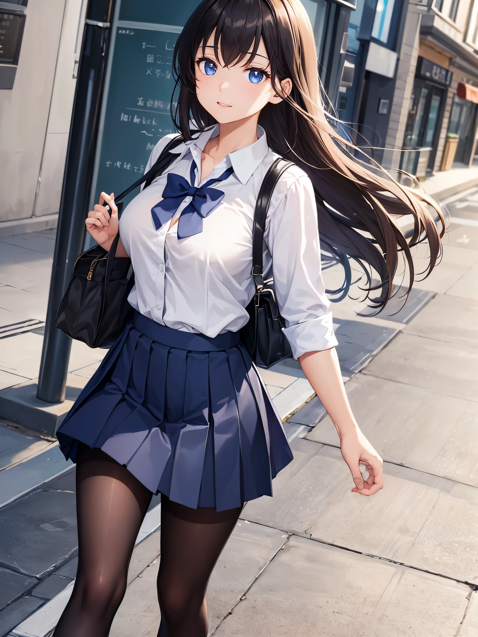 (1 girl),(high quality), (High resolution), (extremely detailed), (8K),(lower body shot),(She is wearing a school uniform and a dark blue short pleated skirt.),(wearing black pantyhose)not wearing shoes,perfect writing,(Beautifully erect nipple shape:1.2),High resolutionの美しい目,(neutral white lighting:1.2),Walking through the city on a windy day