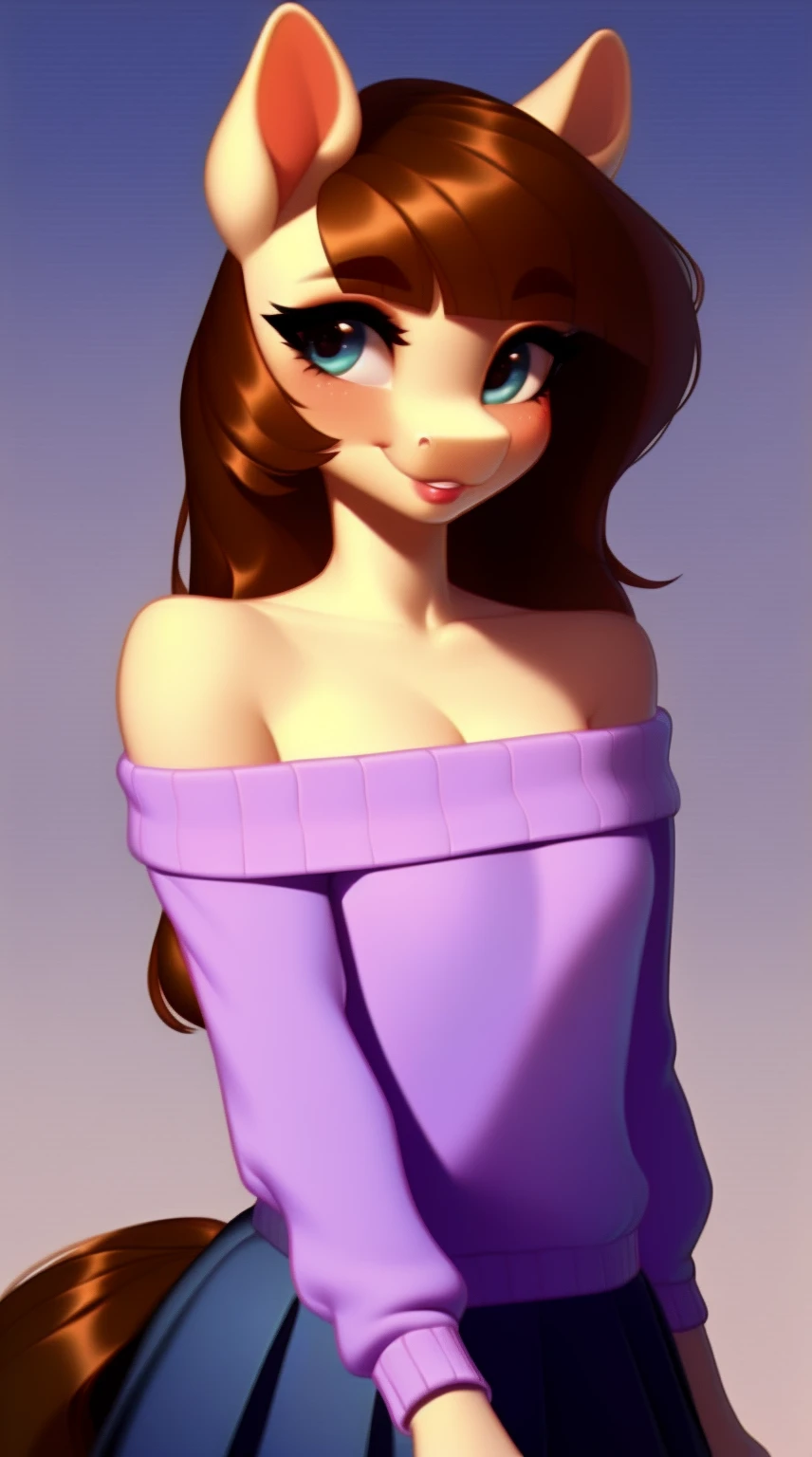 (score_9), (source_ derpibooru_p_95), (earth pony), ((anthro oc pony:1.1)), (shoulderless sweater, cute skirt), adorasexy, blushing, cute smile, solo, realistic long brown hair, bangs, petite body, anatomically correct, flat chest, solo, cute, high res, bottom lip, collarbone, extremely detailed,