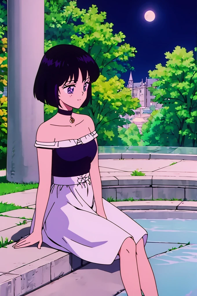 Hotaru_Tomoe, Best quality, masterpiece, Teenager, Short Hair, Black Hair, Bob Hair, Bob Haircut, Purple Eyes, Smile, Bare Neck, Bare Arms, Bare Shoulders, White Dress, Strapless White Dress, Lace Off-shoulder top, Ruffle Off-the-Shoulder Top, White Maxi Skirt, Outside the Mansion, Sitting Pose, Looking at You, Night, full moon, garden background, sitting on a park bench, 1 girl, solo