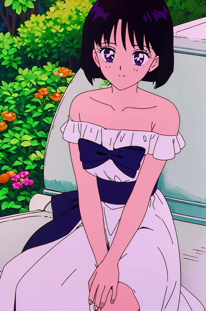 Hotaru_Tomoe, Best quality, masterpiece, ager, Short Hair, Black Hair, Bob Hair, Bob Haircut, Purple Eyes, Smile, Bare Neck, Bare Arms, Bare Shoulders, White Dress, Strapless White Dress, Lace Off-shoulder top, Ruffle Off-the-Shoulder Top, White Maxi Skirt, Outside the Mansion, Sitting Pose, Looking at You, Night, full moon, garden background, sitting on a park bench, 1 girl, solo