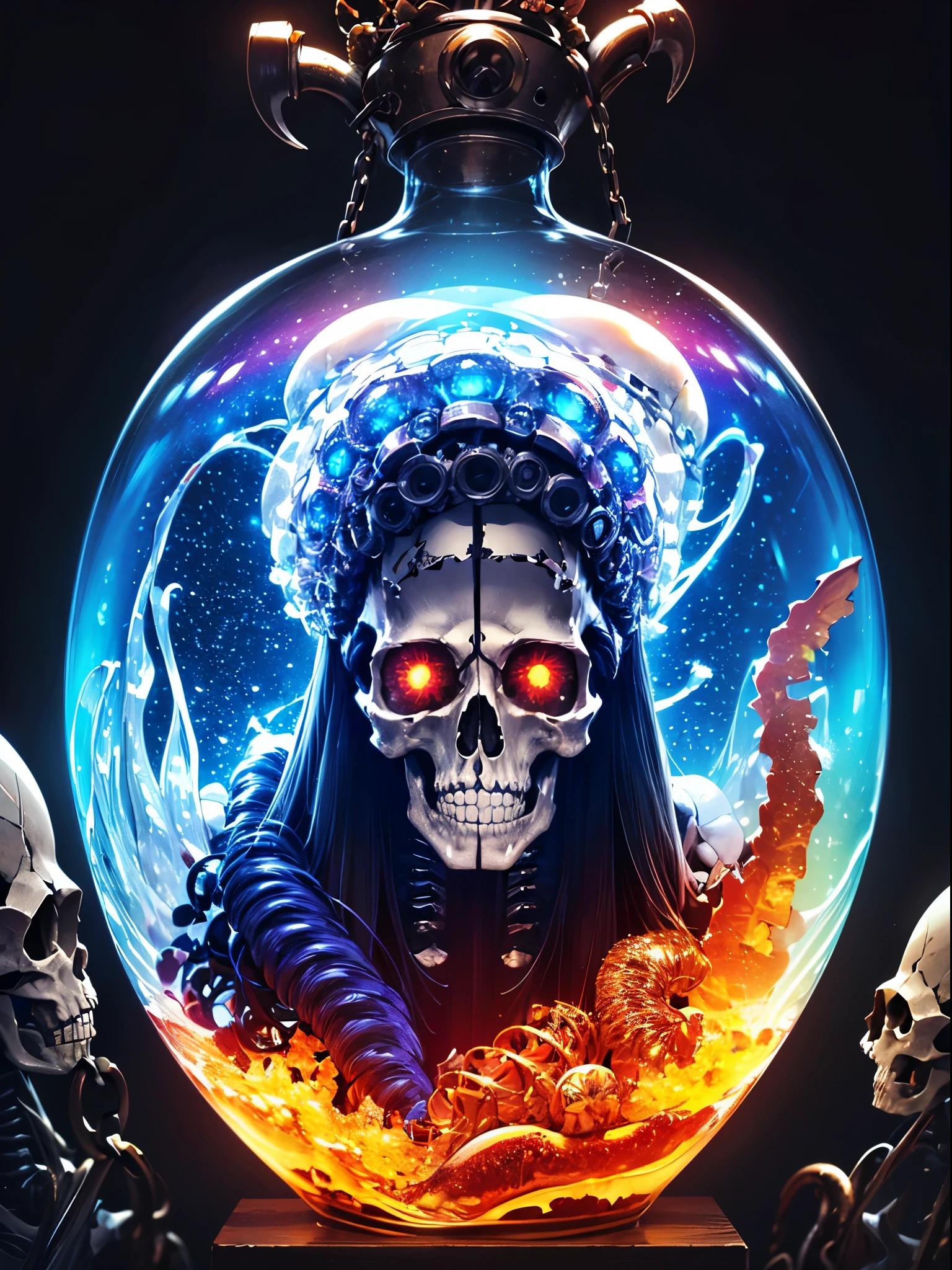 (Best picture quality, 4K, 8K, High resolution, Masterpiece: 1.2), super detail, realistic: 1.37, a close-up of the head ((a metal skeleton parasitic on a dreamy transparent jellyfish)), an altar consisting of abstract twisted jellyfish tentacles, pulling a very large (mysterious skull made of metal), glowing eyes, a waterfall of transparent tentacles above the skull, (rainbow, rainbow around the skull), The energetic circular composition only illustrates the influence of various structural forces (steampunk decorative elements, cogs, and other elements). Pointer, chain decoration combination,