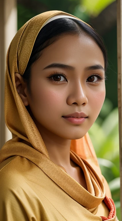 typical Malay girl with a natural skin tone, no make up, bare face, embodying the essence of a malay setting, potray her as a common malay malay girl. Wearing shawl and traditional Malay clothes. ultra sharp focus, realistic shot, tetradic colors.