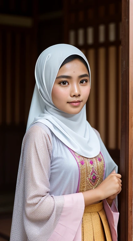 cinematic silhouette of an Indonesian girl wearing a hijab, sweating, posing facing the camera, smiling seductively, wearing authentic sexy Balinese traditional clothing, the top is slightly nude and there is a white and red shawl and the other is colorful, the place is in a school classroom and behind it are lots of students and rocks Aesthetic Saturday. the photo is very detailed