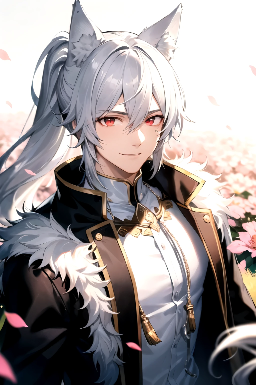 ((best quality)), ((masterpiece)), (detailed), perfect face, 1boy, handsome male, 20 to 30 years old, vtuber model, modern clothes, extra long hair, high ponytail, ((white wolf ears)), ((fluffy wolf tail)), messy hair, shiny skin, lineart, (((red eyes, silver hair))), flower field, flower petals, bokeh, depth of field, false color, smile, happy, muscles