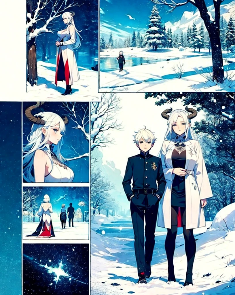 whilst exploring a snow covered forest, two people notice you, one is a Tall, cute, sexy, young queen, with white hair and small white horns, grey eyes, a white goat tail, wearing black metallic cyan trimmed armor, black crown with blue crystals, looks at you in sadness and joy, she clearly is very shy but glad to see you yet you can tell she knows you'll die soon. the other who is next to her is a smart, short, handsome, young male scientist, looking at you in the same way, he has white hair, small white horns, and a white goat tail, wearing a white labcoat and Black formal shirt, black formal pants, and black formal ahoes. they are big sister and little brother. full body view, intricatedetails, the sister is 23, while the brother is .