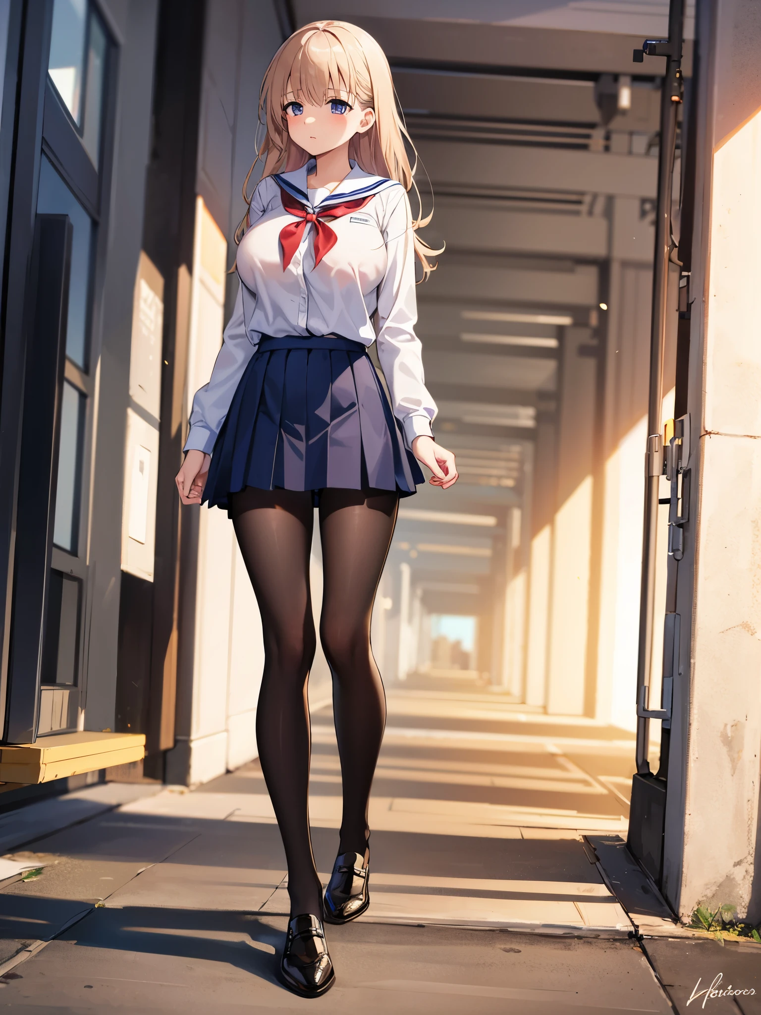 (1 girl),(high quality), (High resolution), (extremely detailed), (8K),(lower body shot),(She is wearing a school uniform and a dark blue short pleated skirt.),(wearing black pantyhose)not wearing shoes,perfect writing,(Beautifully erect nipple shape:1.2),High resolutionの美しい目,(neutral white lighting:1.2),Walking through the city on a windy day