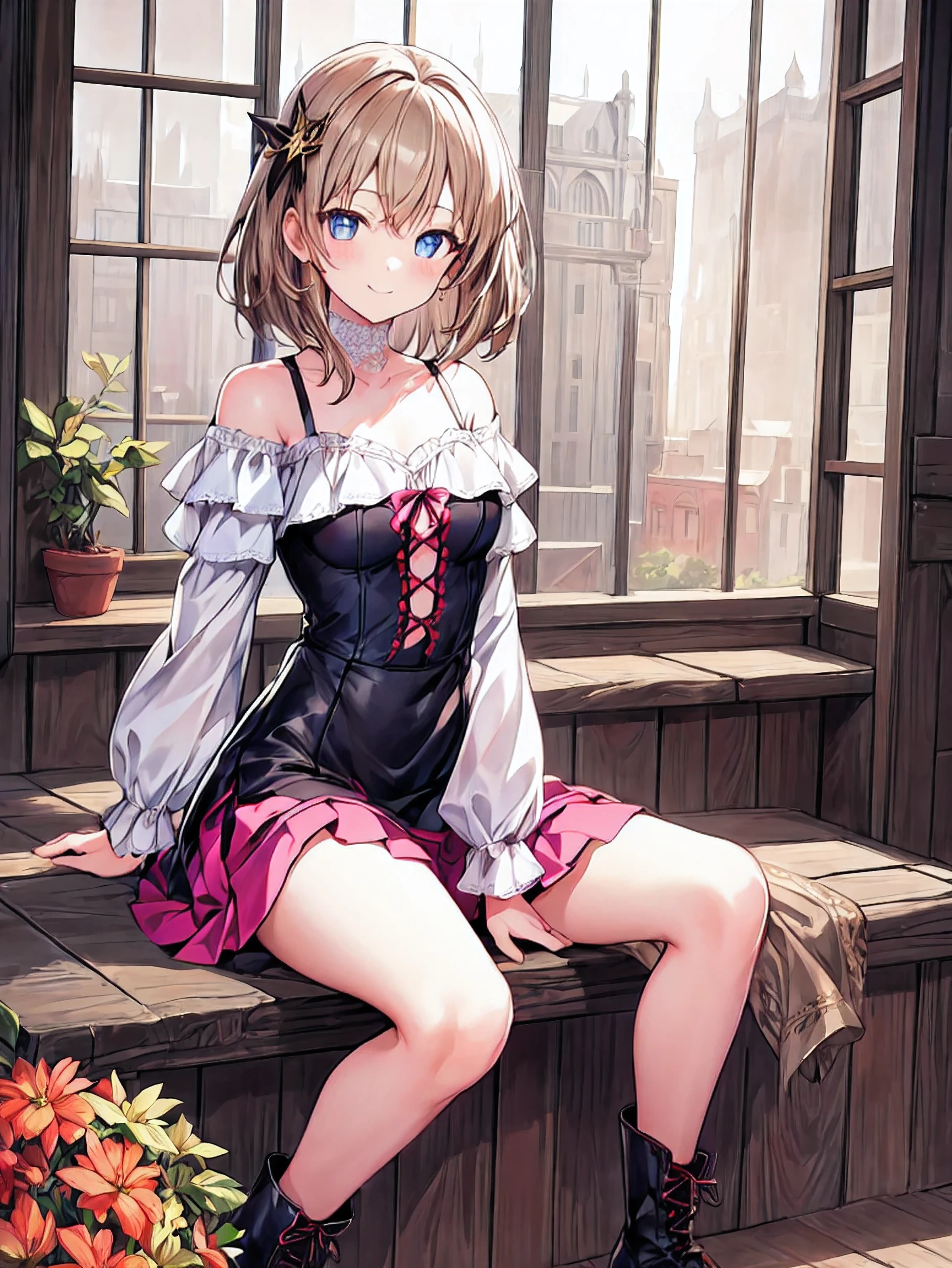 Anime girl sitting on a window ledge with a flower pot - SeaArt AI