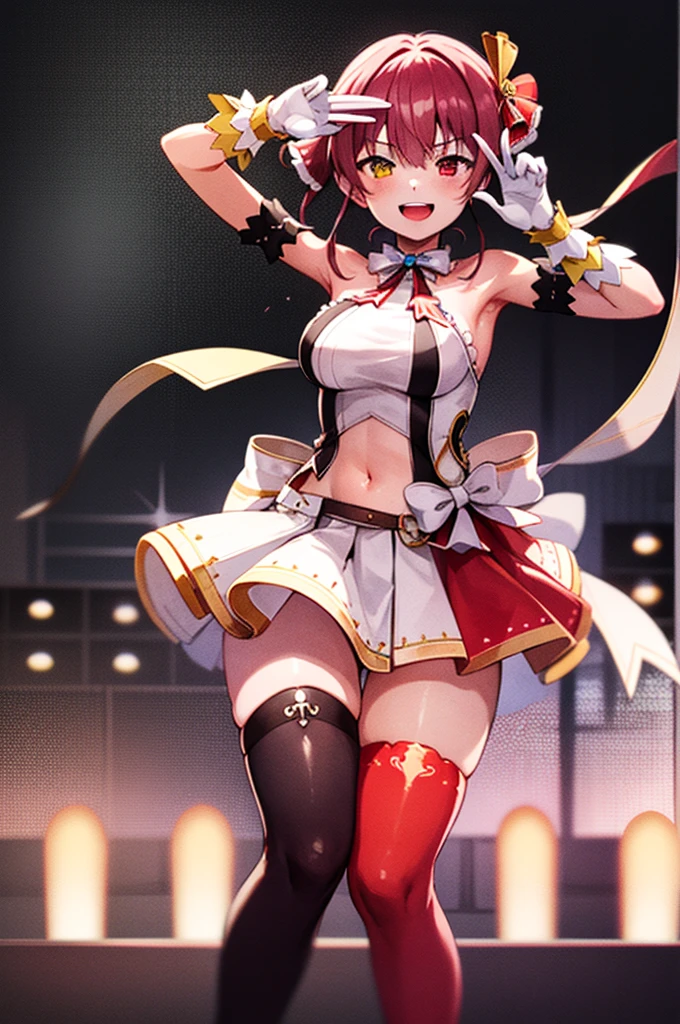 2D, masterpiece, highest quality, anime, very detailed, whole body, 1 girl, alone, Marine_Idol, ho****ve Idol uniform, white ribbon, white gloves, red ribbon, red bow tie, layered skirt, navel cutout, mismatched legwear, red stockings, black stockings, heterochromia, red eyes, yellow eyes, Break stage, red light, dynamic pose, smile 