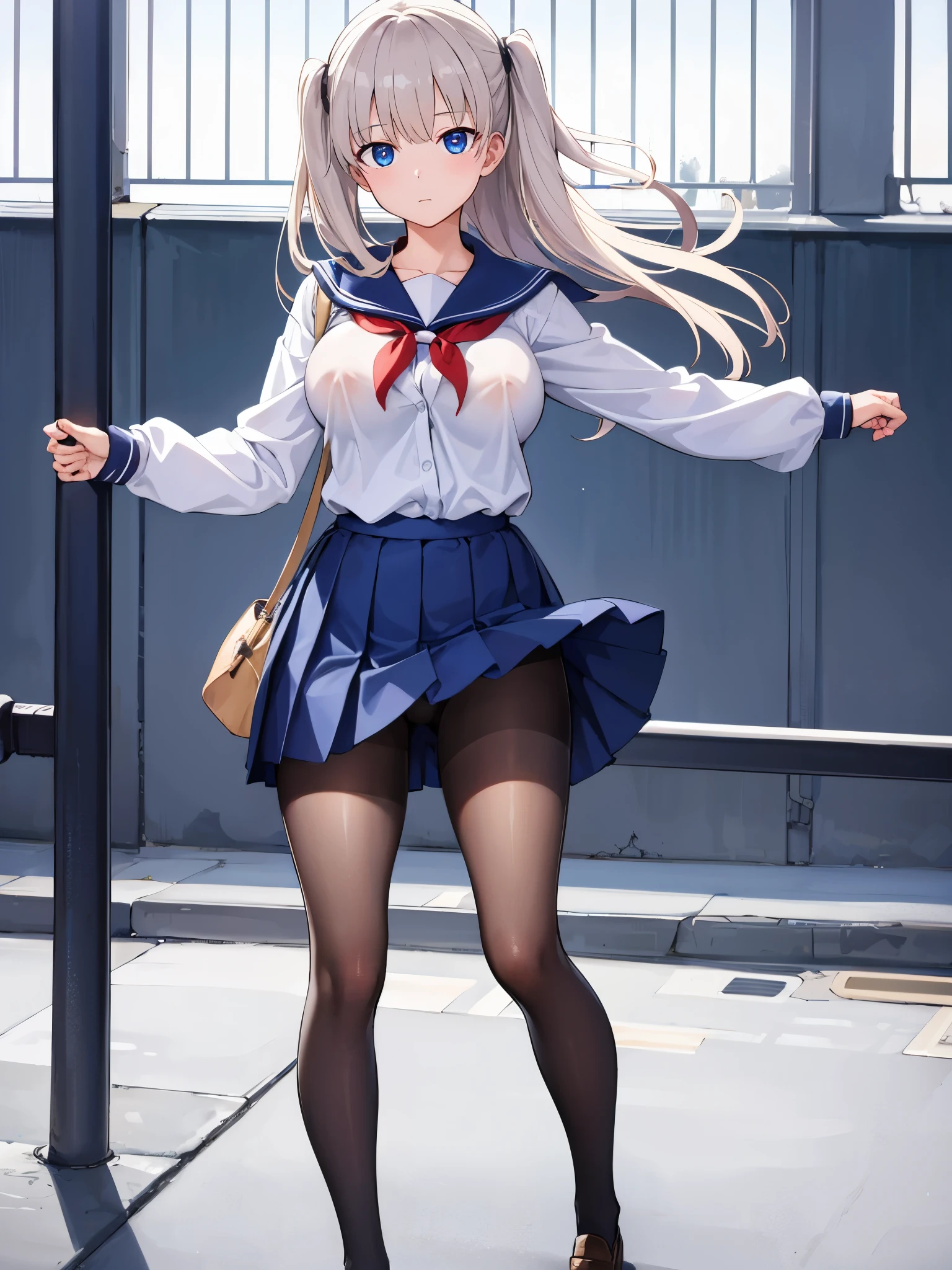 (1 girl),(high quality), (High resolution), (extremely detailed), (8K),(lower body shot),(She is wearing a school uniform and a dark blue short pleated skirt.),(wearing black pantyhose)not wearing shoes,perfect writing,(Beautifully erect nipple shape:1.2),High resolutionの美しい目,(neutral white lighting:1.2),Walking in a windy different world